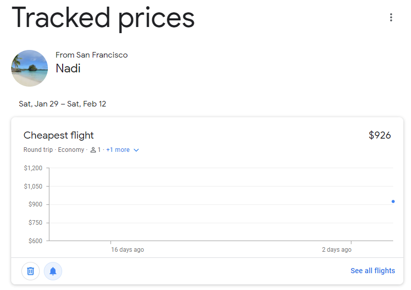 Fiji Airways Google Flights track prices graph