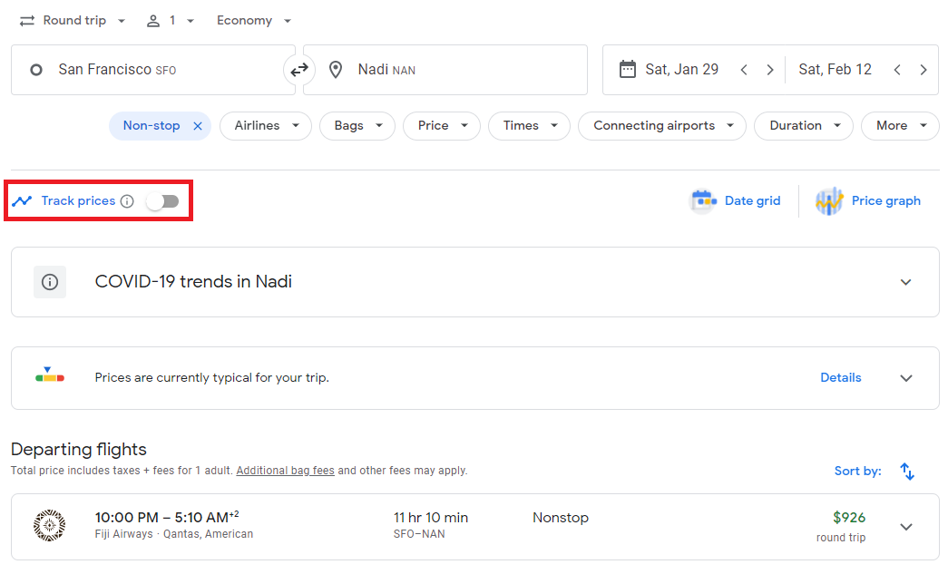Fiji Airways Google Flights track prices