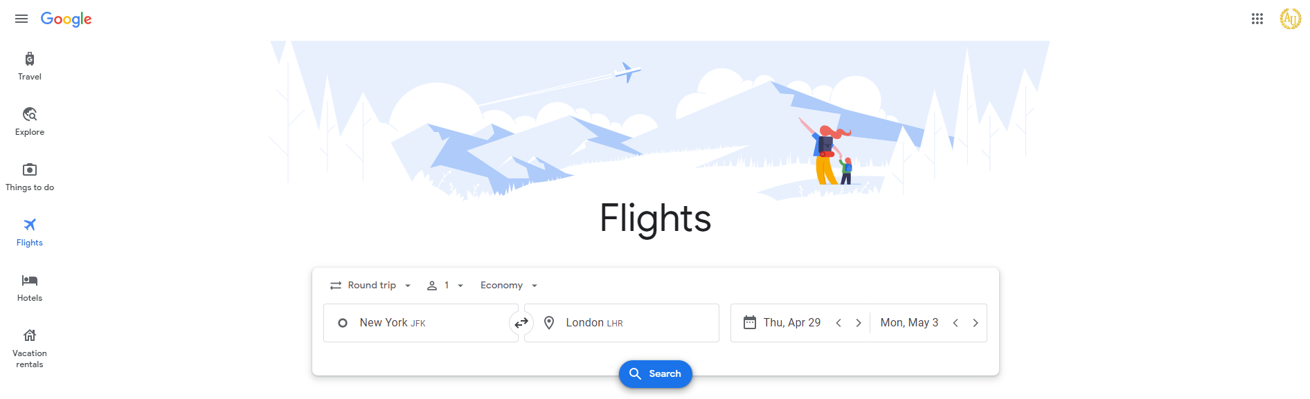 Google flights homepage