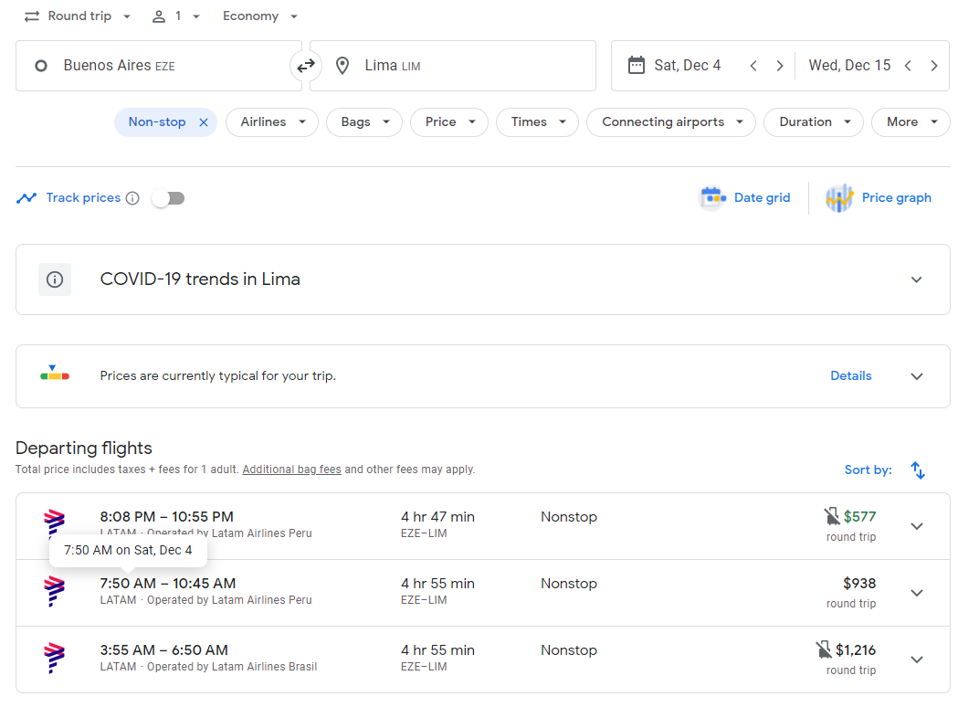 LATAM EZE LIM Google Flights