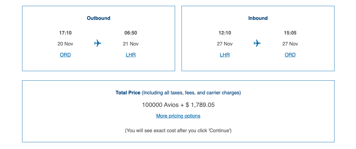 BA Biz Example ORD to LHR