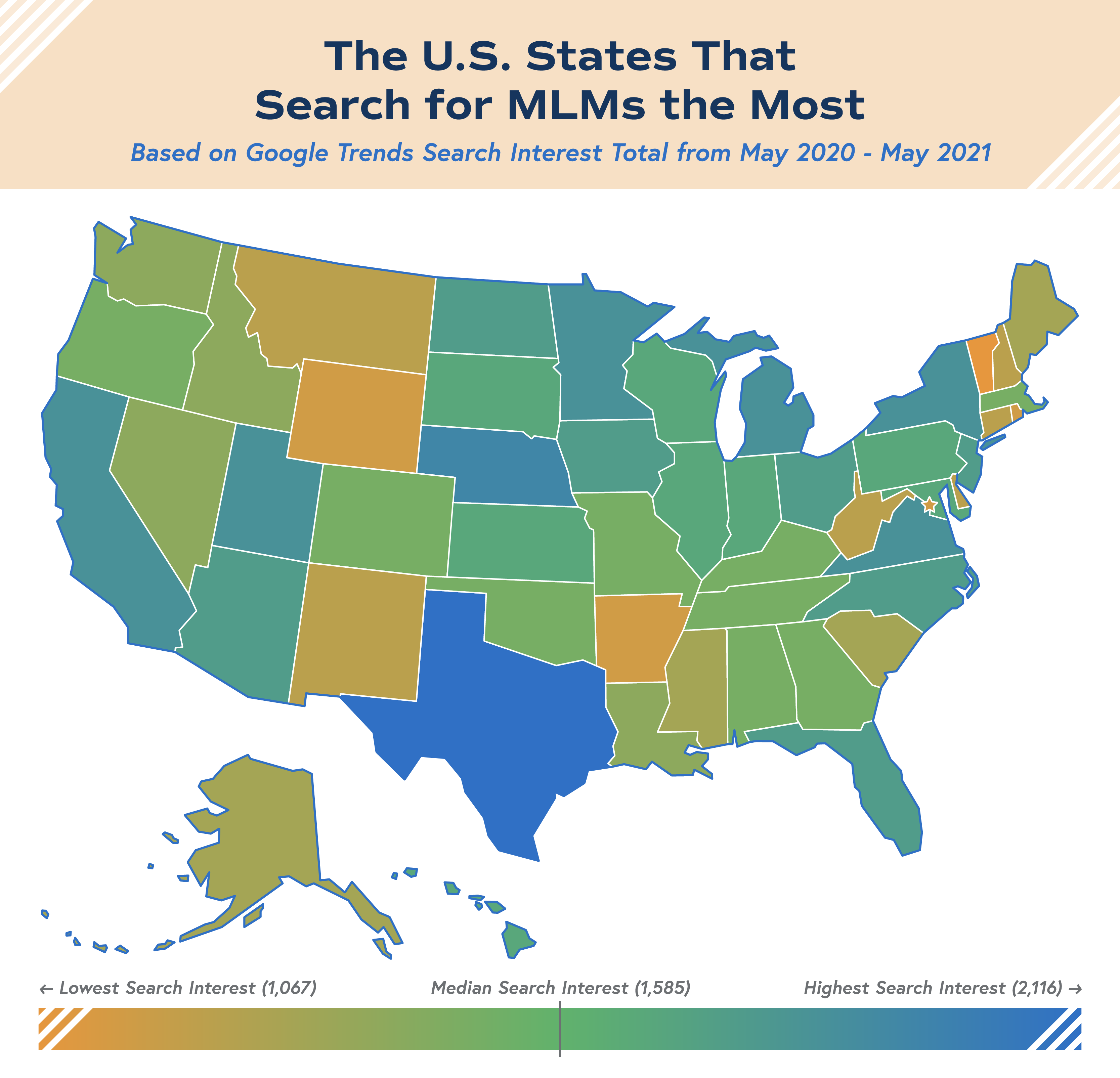 US States that Search for MLMs the most Shaded map illustrating search volume for MLMs by state