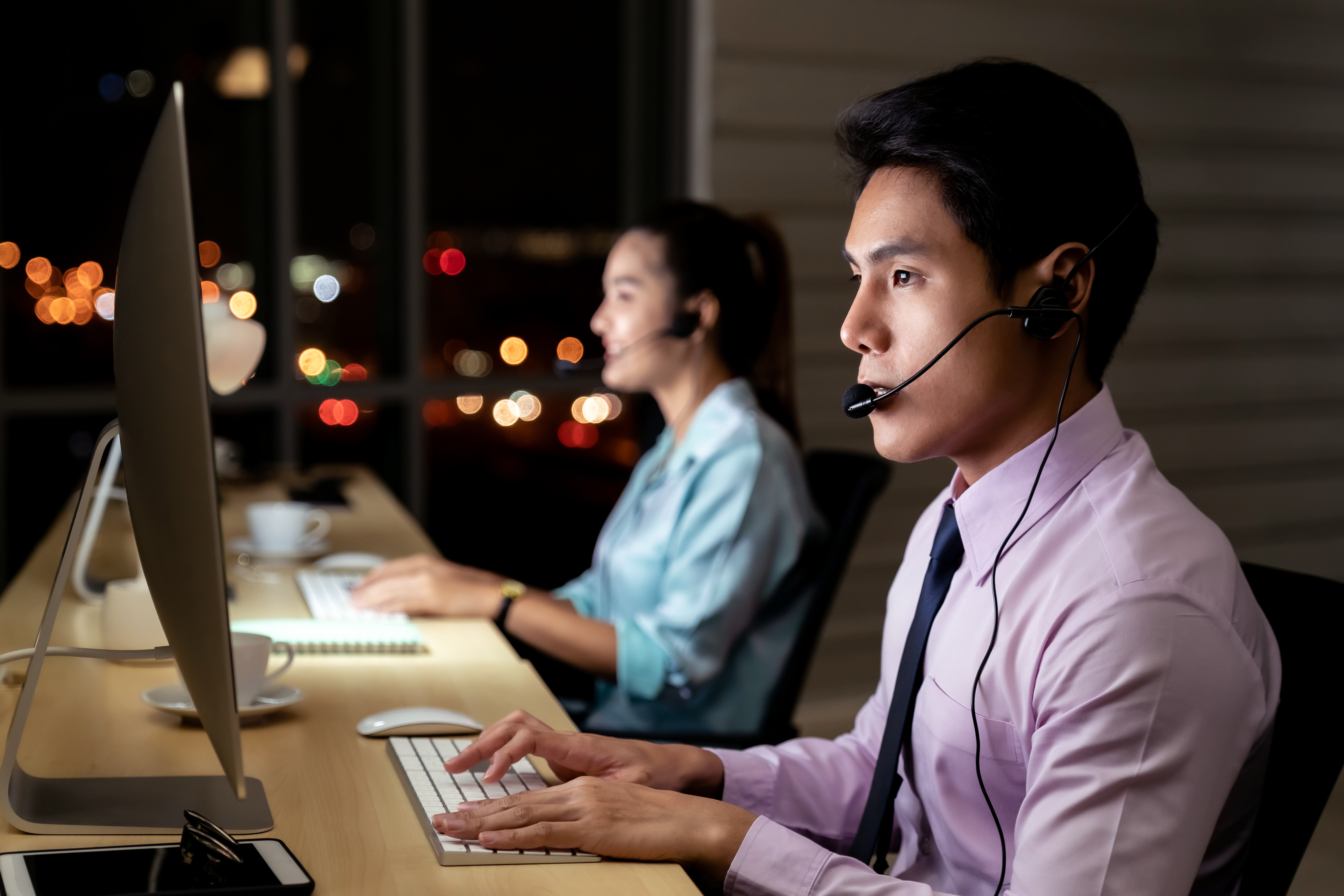 Call center man woman headset