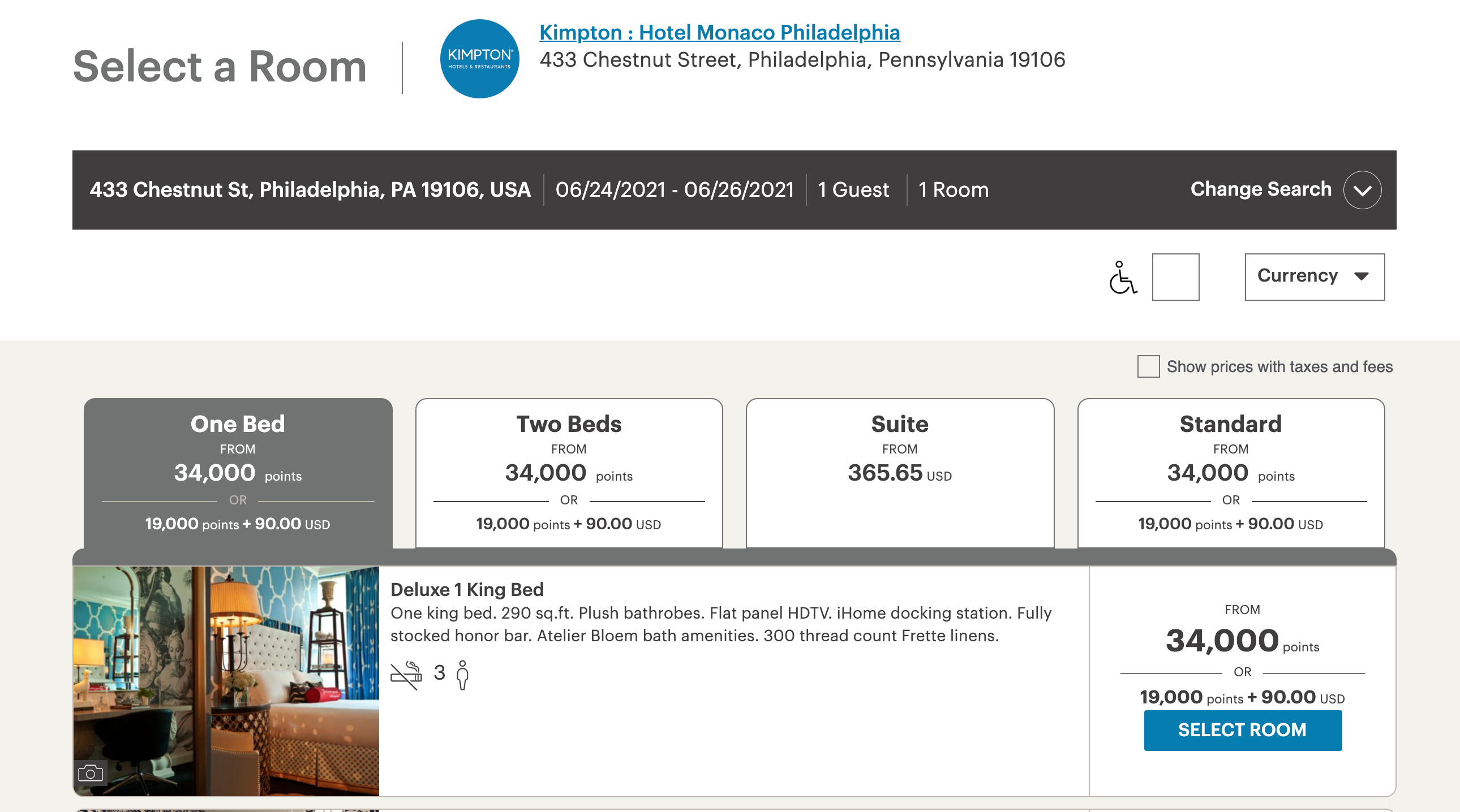Kimpton Hotel Monaco Philadelphia cost in points