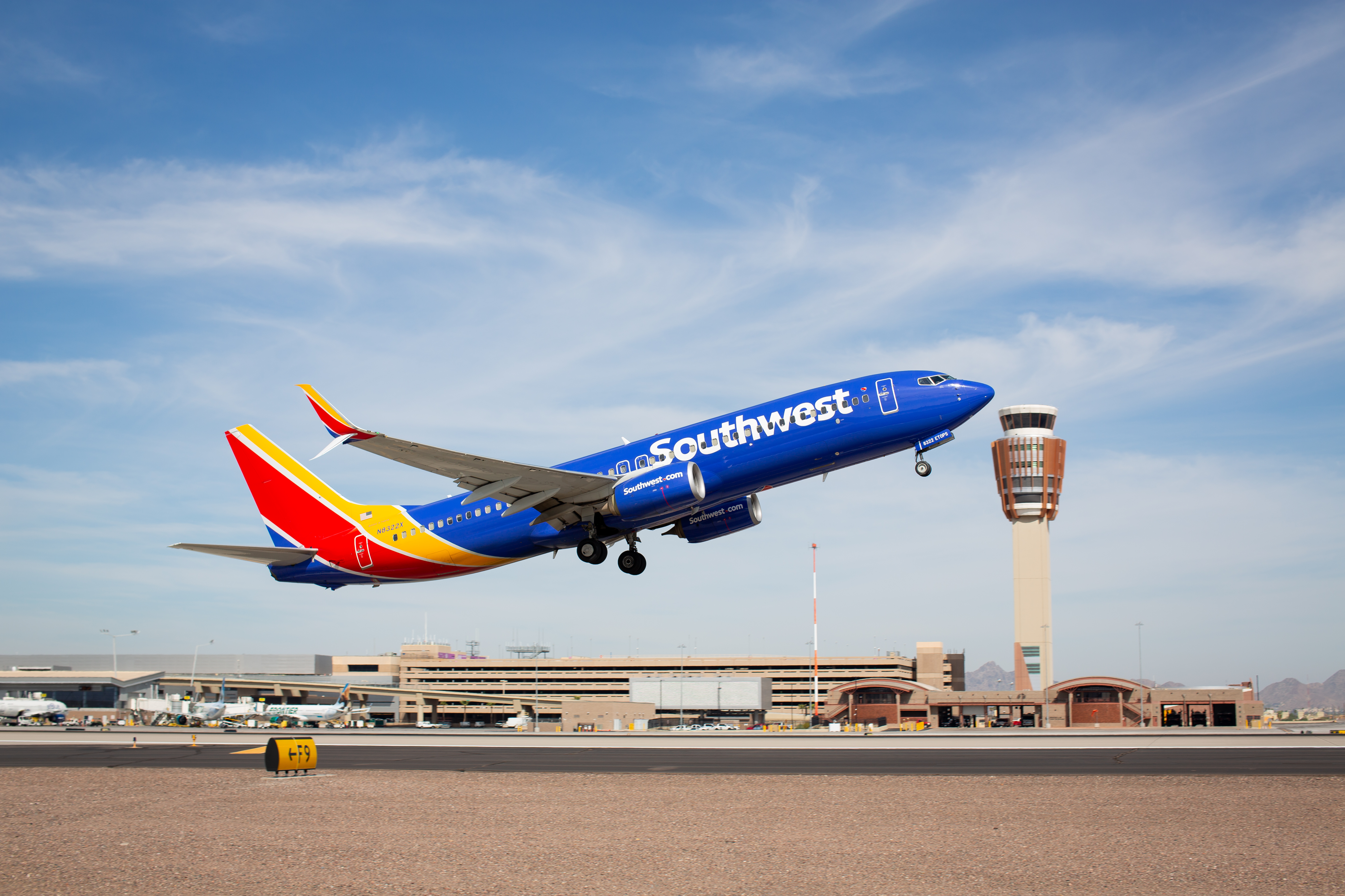 Southwest Airlines taking off next to ATC