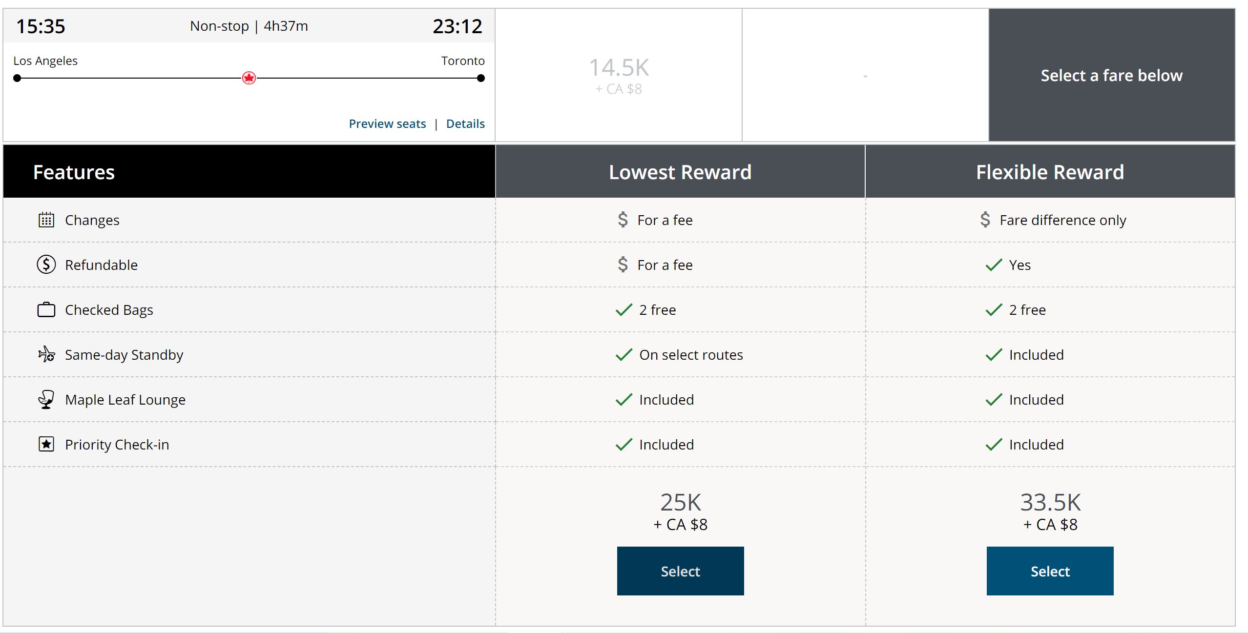 Air Canada business class Aeroplan fare types