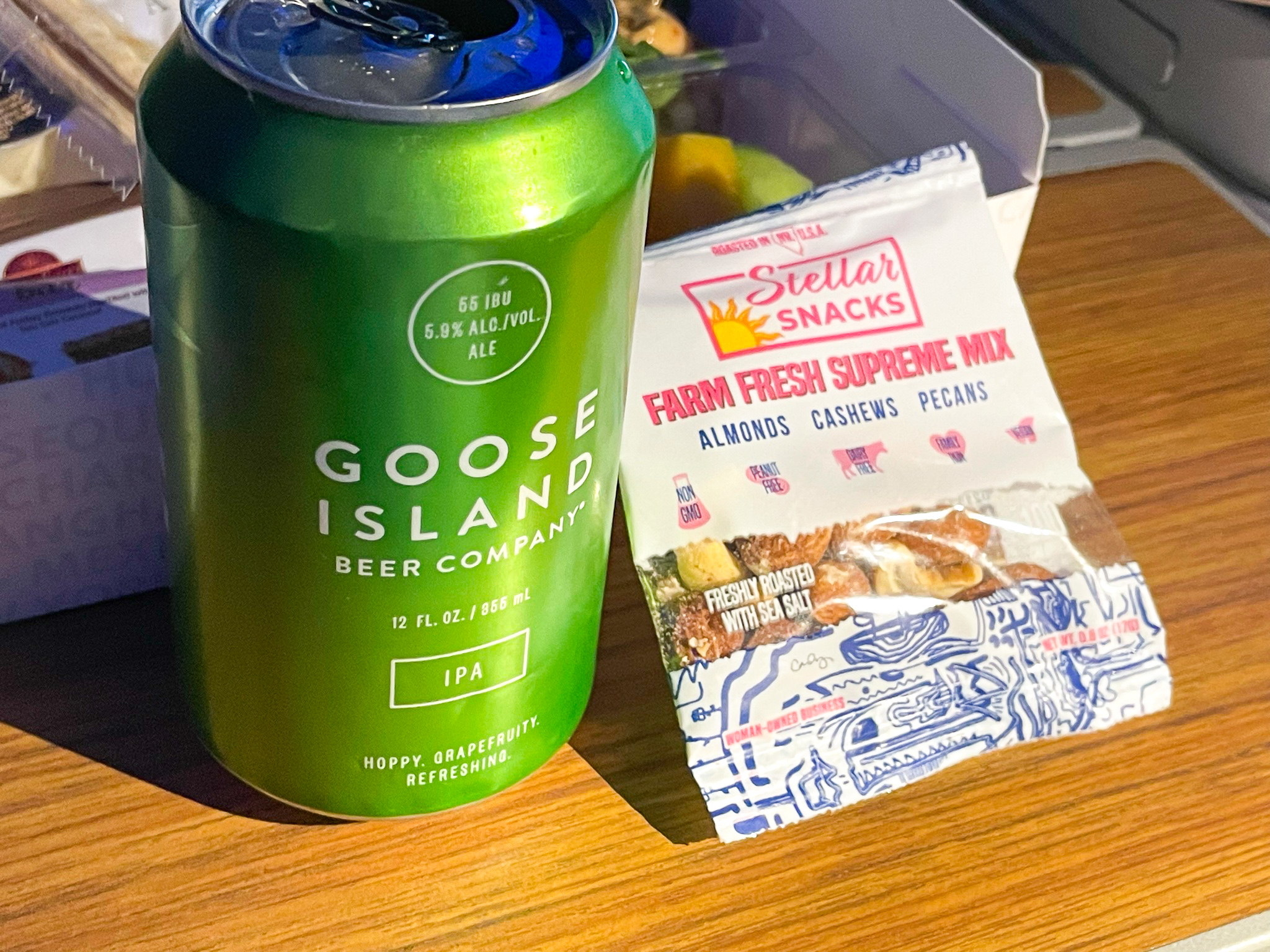 American Airlines First Flagship Business Class Miami to Boston beer and nuts