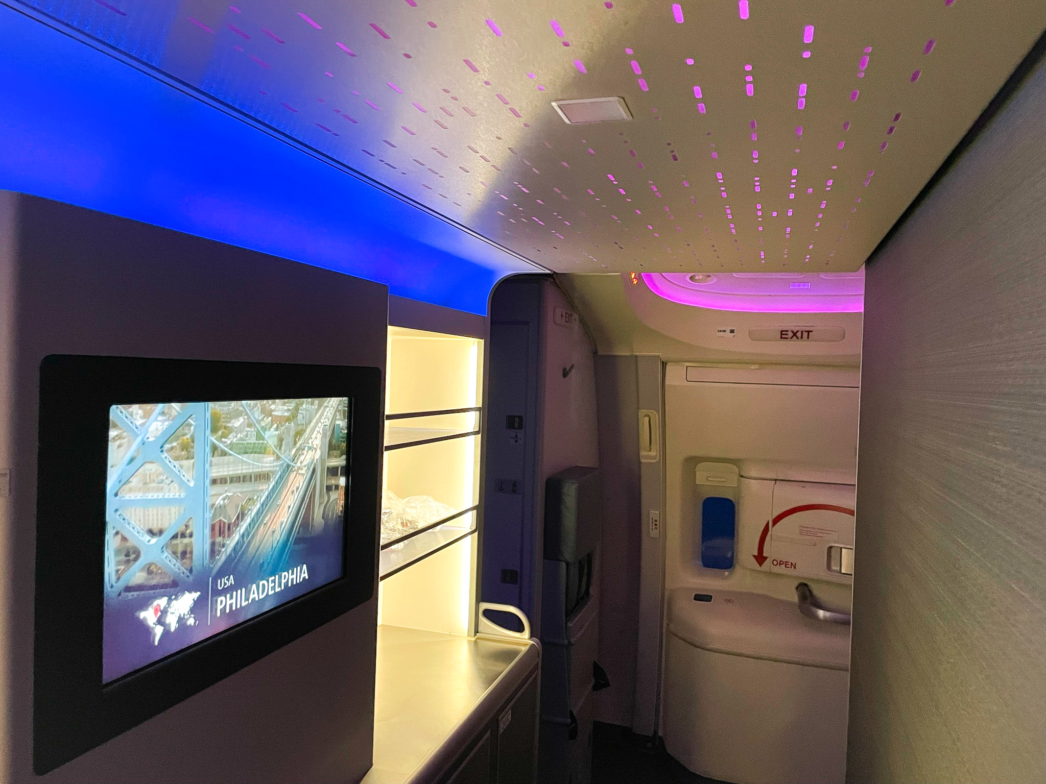American Airlines First Flagship Business Class Miami to Boston galley snack station