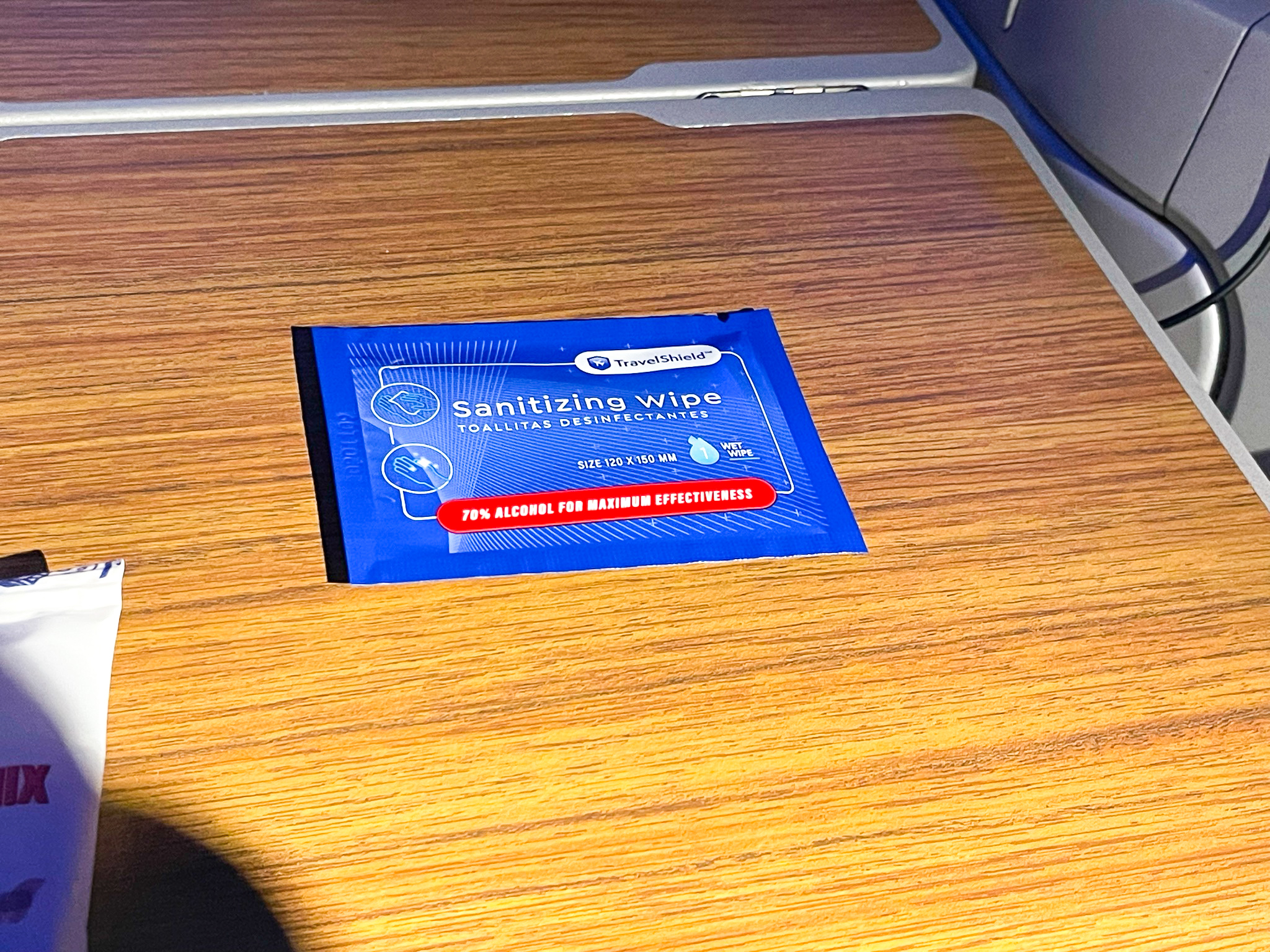 American Airlines First Flagship Business Class Miami to Boston sanitizing wipe