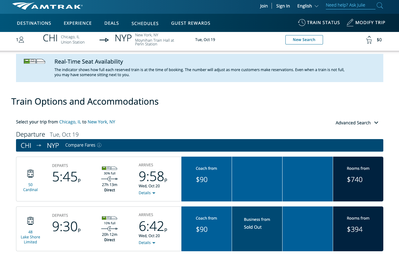 Amtrak Chicago to NYC Cash