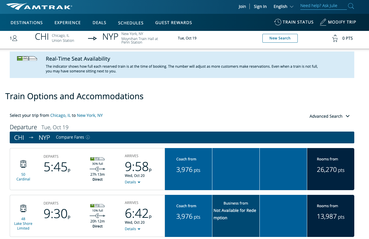 Amtrak Chicago to NYC Points