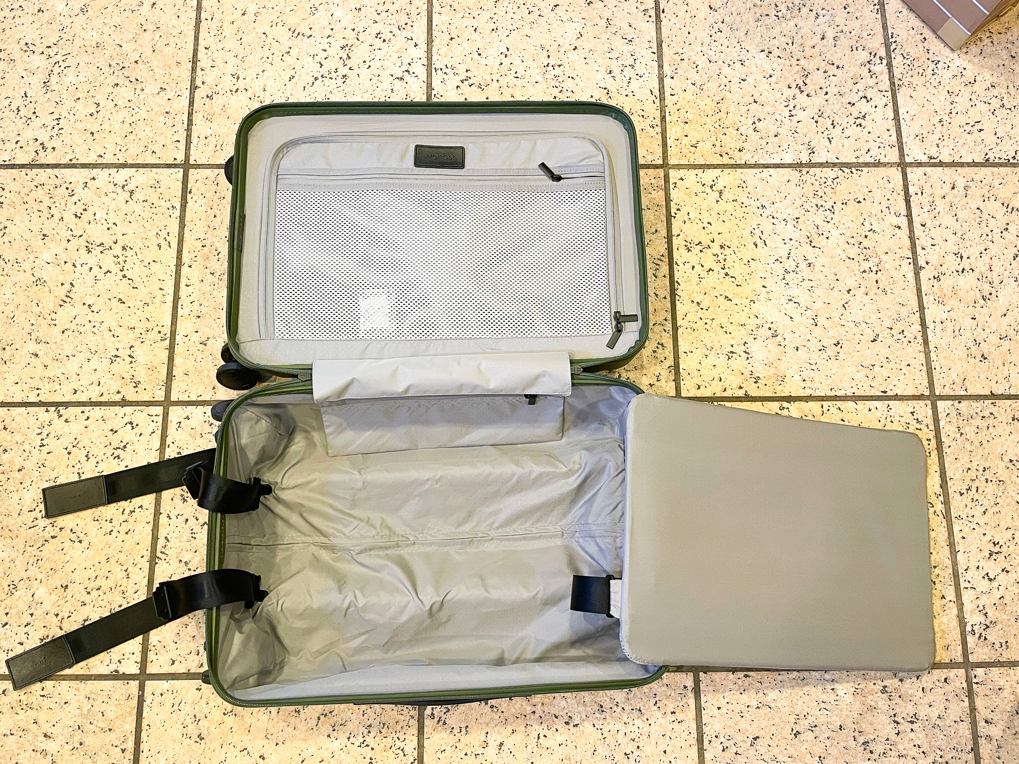 Olive Green Monos Luggage Carry On Pro open