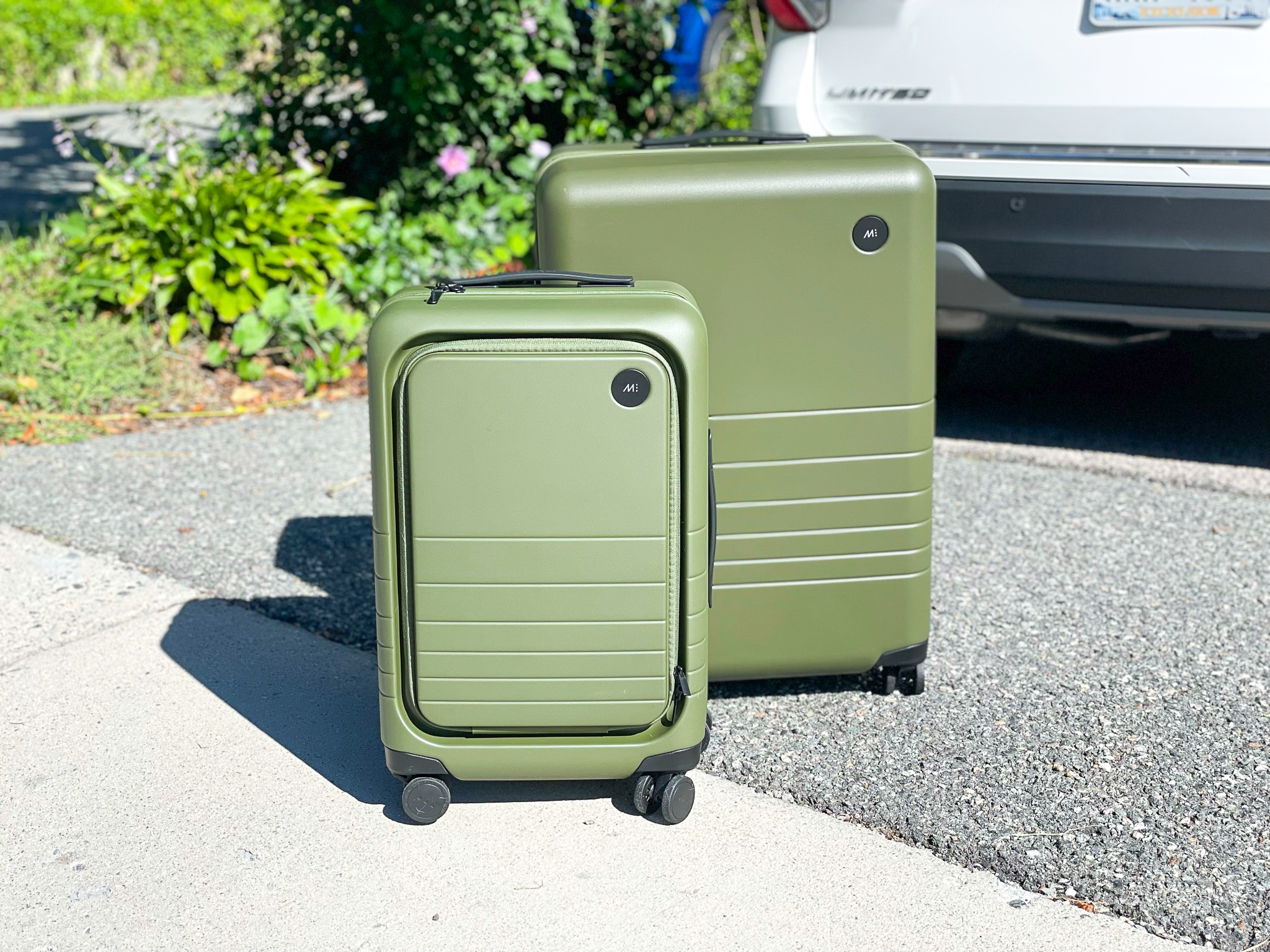 Sandy Lisa St. Tropez Hard Luggage – Spinner (Pack of 2) Olive Green Monos Luggage Check In Medium and Carry On Pro outside