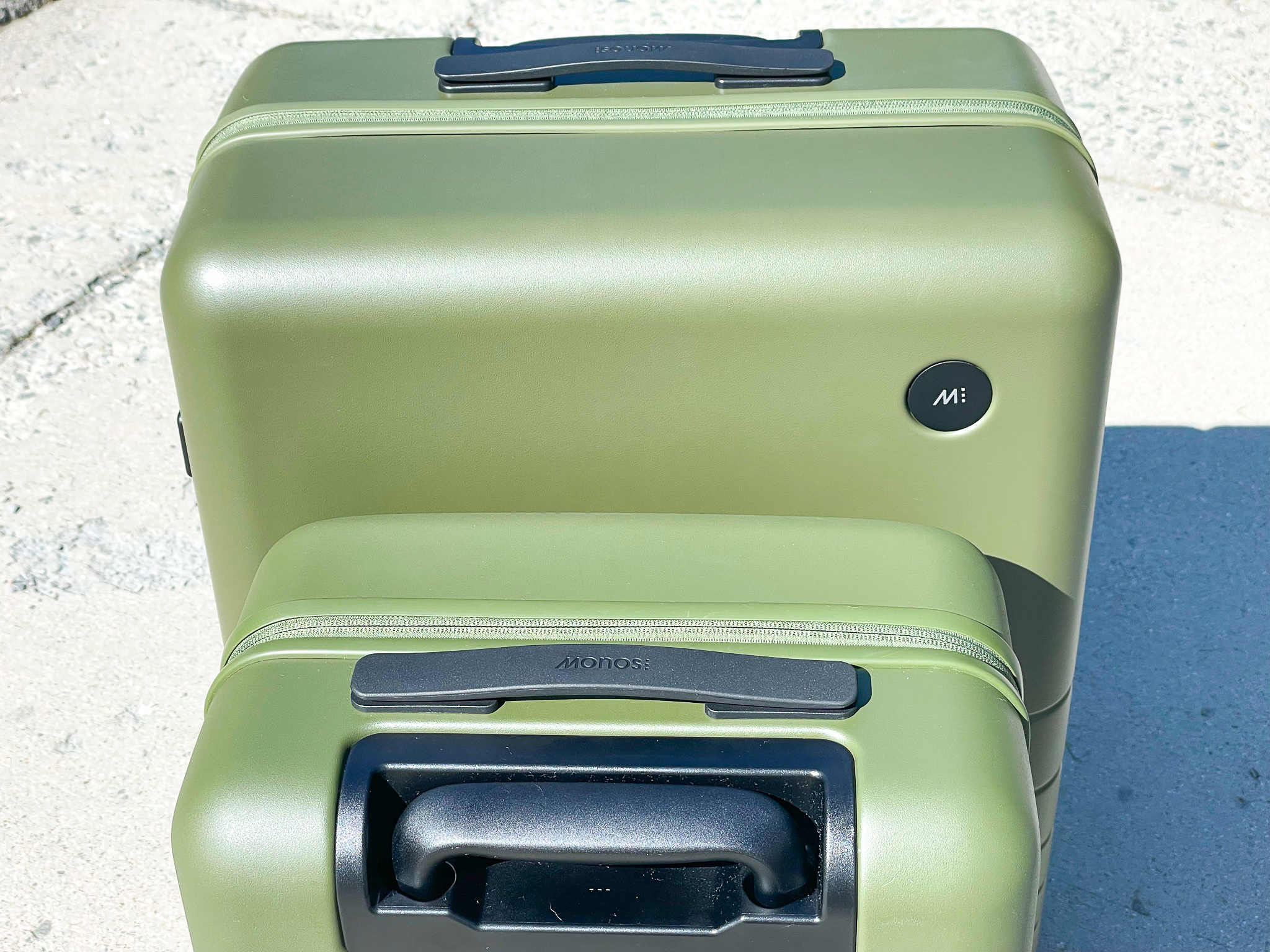 Olive Green Monos Luggage check in and carry on side by side