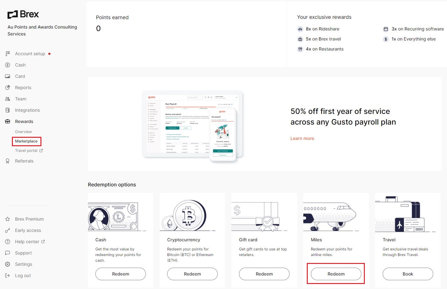 Brex Rewards dashboard