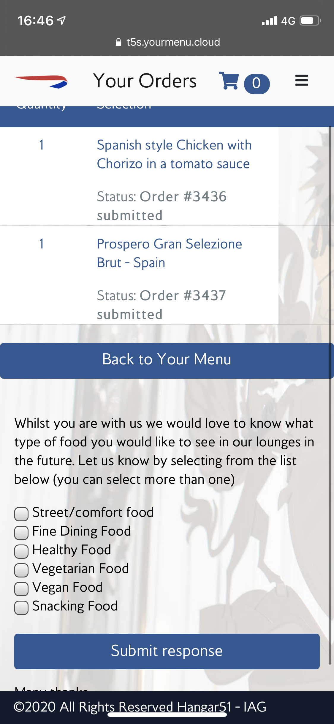British Airways Galleries South Lounge drinks menu