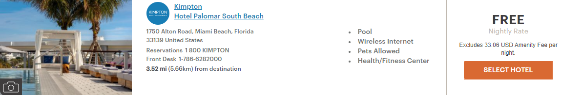 Kimpton Hotel Palomar South Beach Chase Free Night