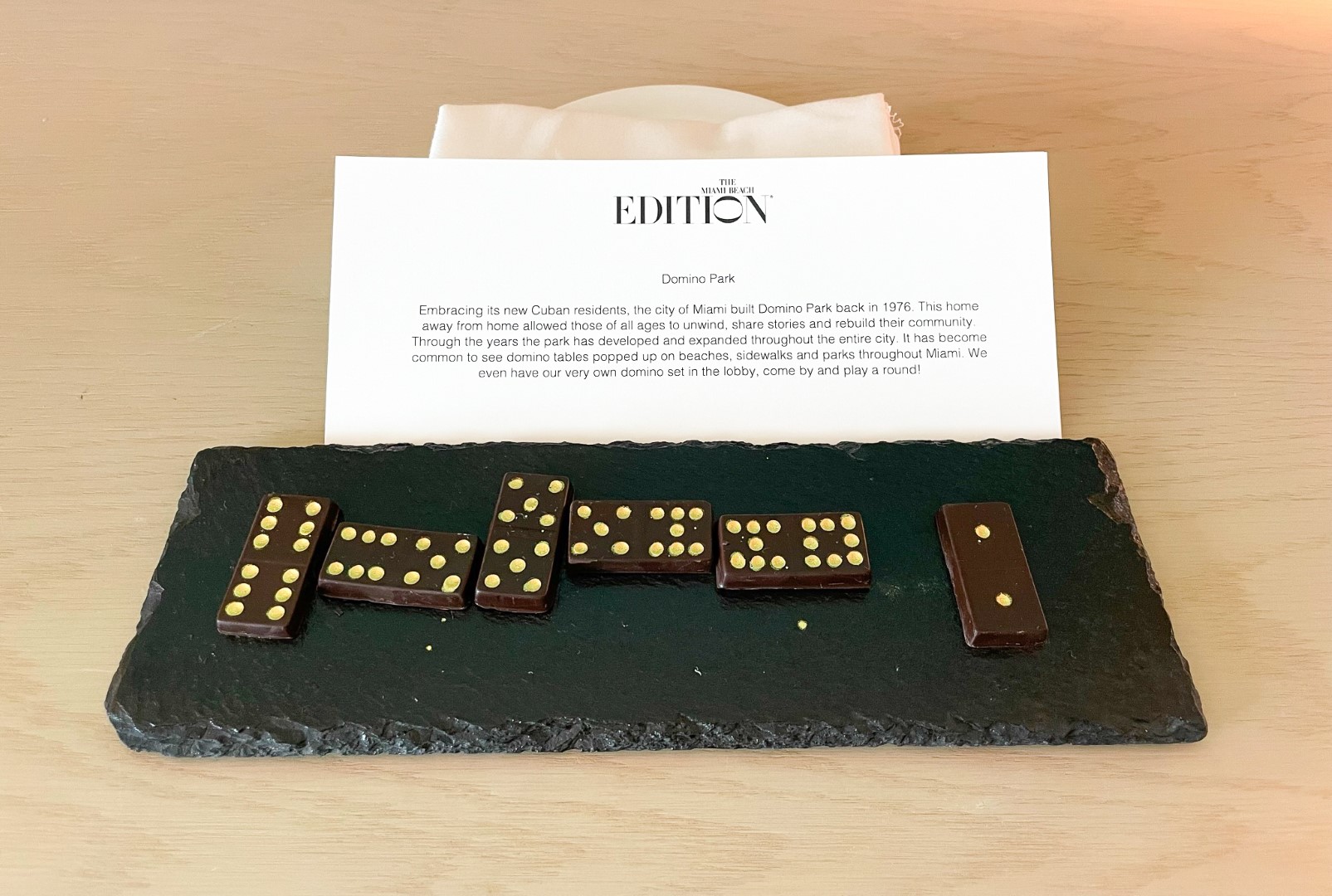 The Miami Beach EDITION chocolate domino amenity 