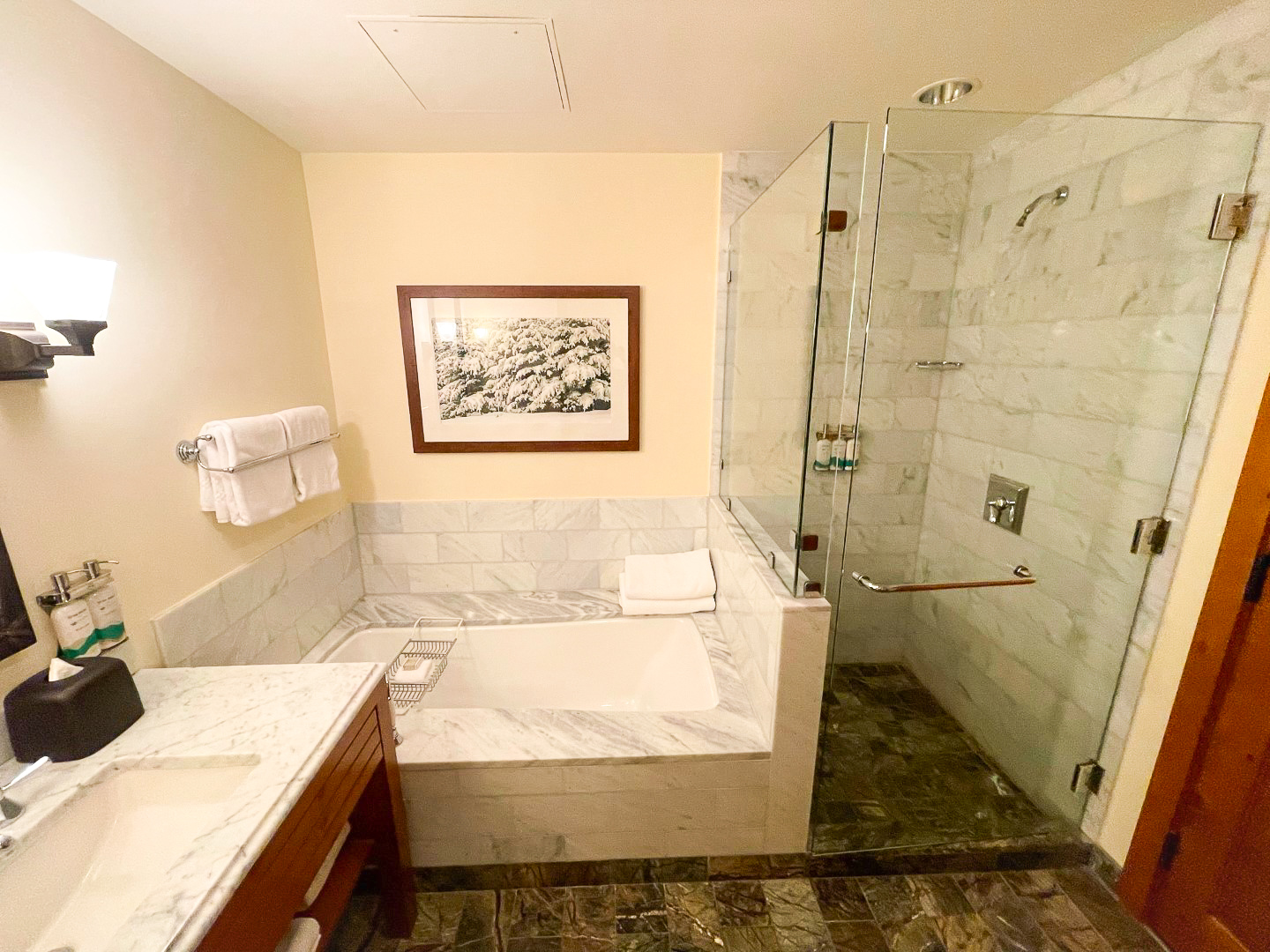 Bathtub and shower at The Lodge at Spruce Peak Destination by Hyatt Stowe Vermont