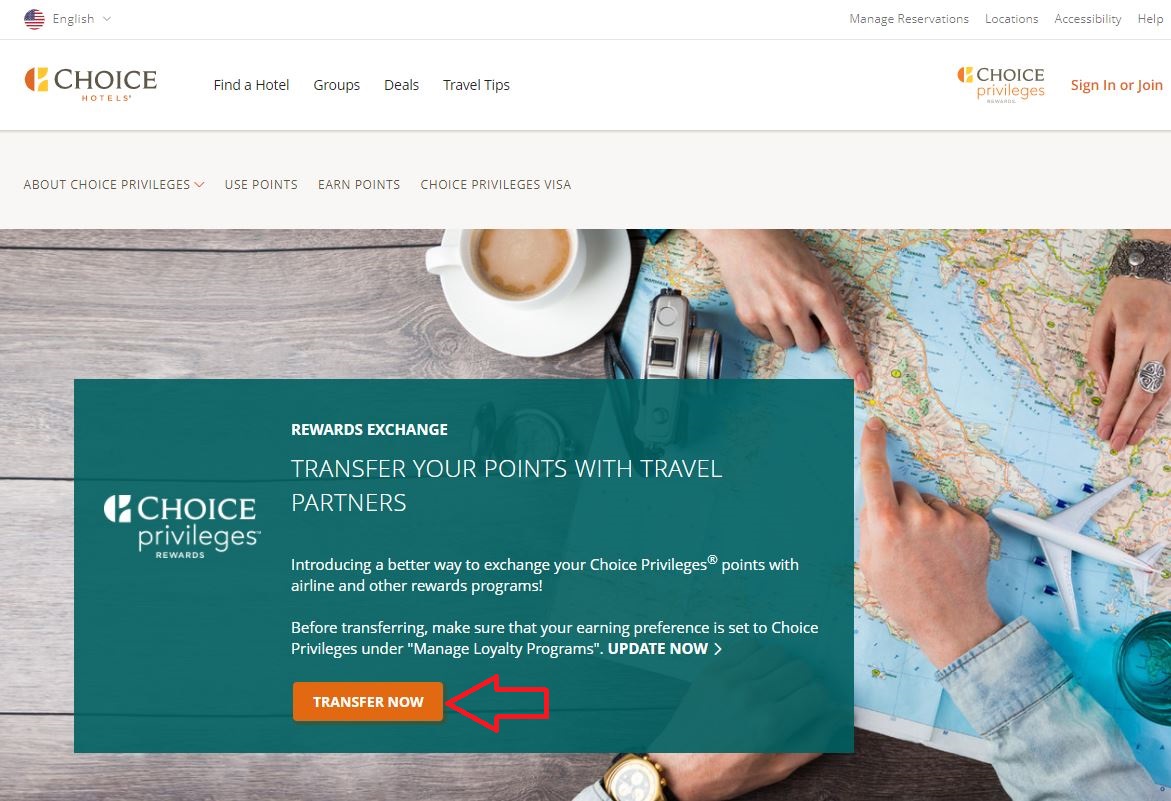 Choice Privileges Transfer Points page