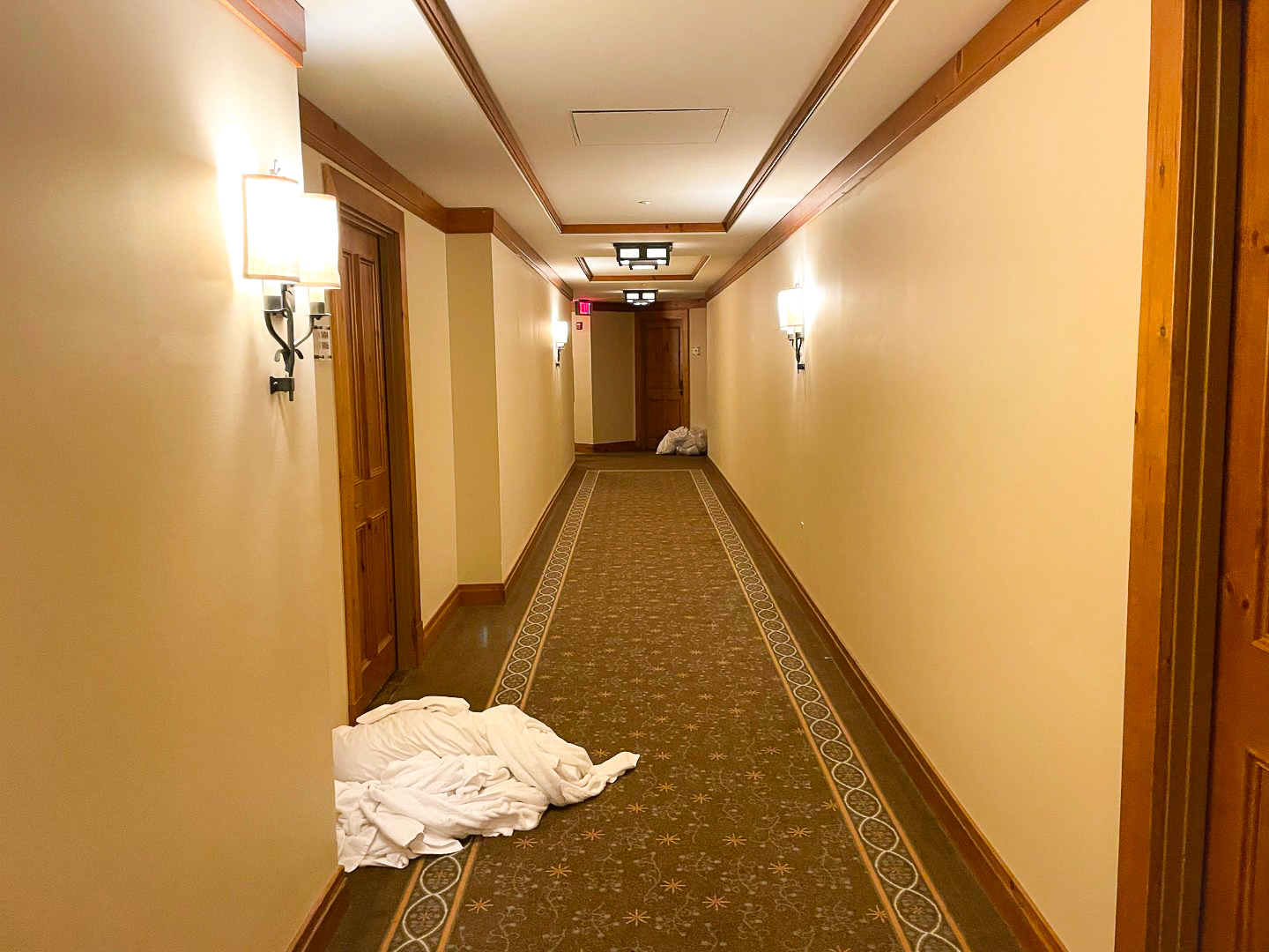 Dirty towels in the wallway at The Lodge at Spruce Peak Destination by Hyatt Stowe Vermont
