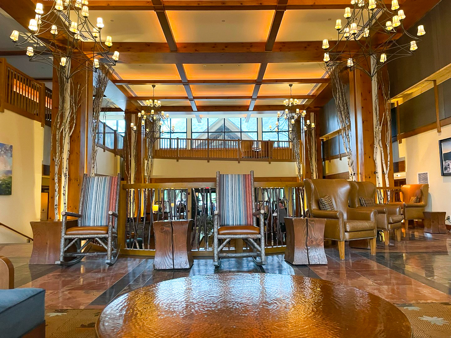 Lobby table and chairs at The Lodge at Spruce Peak Destination by Hyatt Stowe Vermont