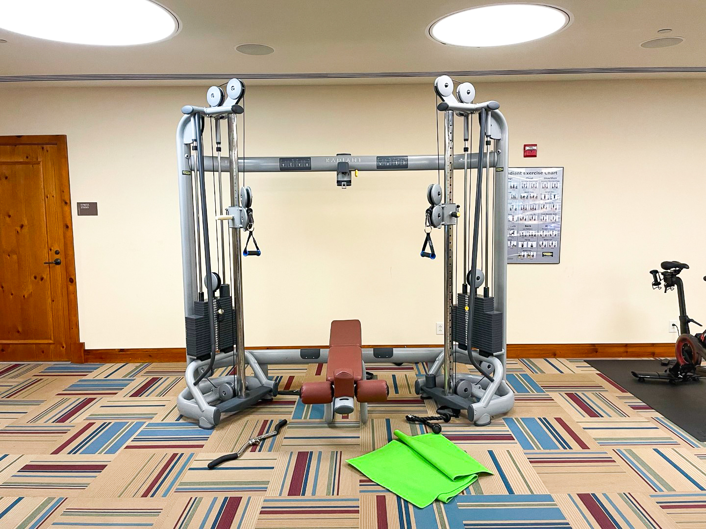 Messy fitness center equipment at The Lodge at Spruce Peak Destination by Hyatt Stowe Vermont