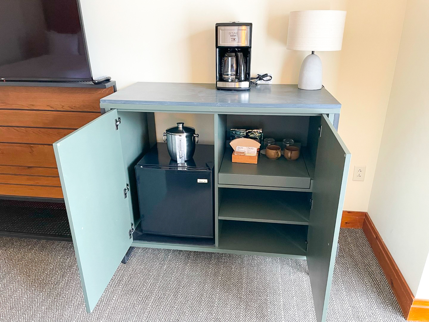 Mini bar set up at The Lodge at Spruce Peak Destination by Hyatt Stowe Vermont