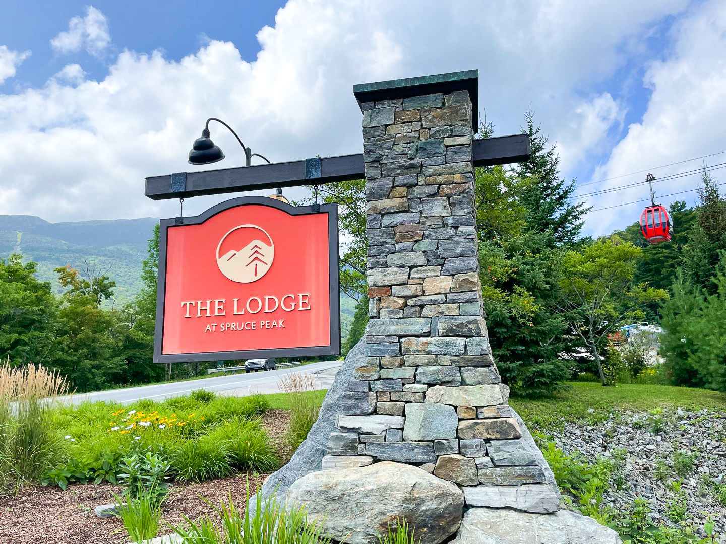 Red sign at The Lodge at Spruce Peak Destination by Hyatt Stowe Vermont