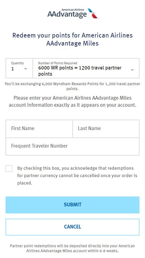 Wyndham Rewards transfer form