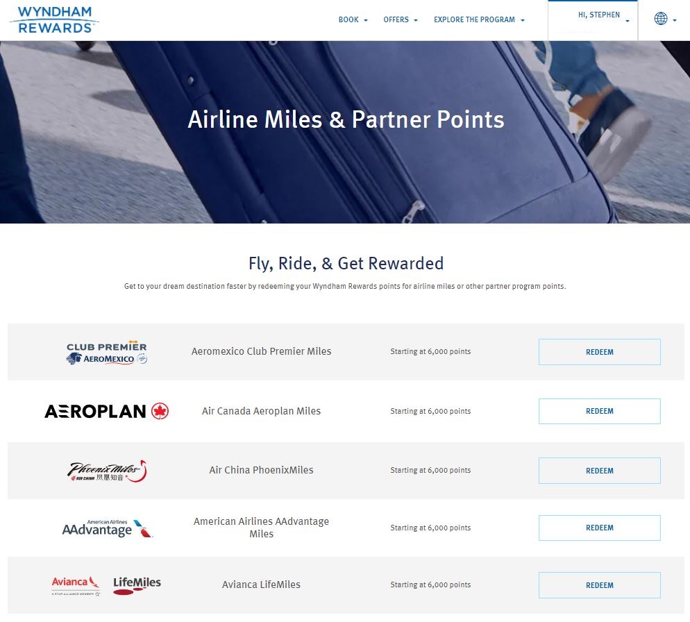 Wyndham Rewards transfer points page