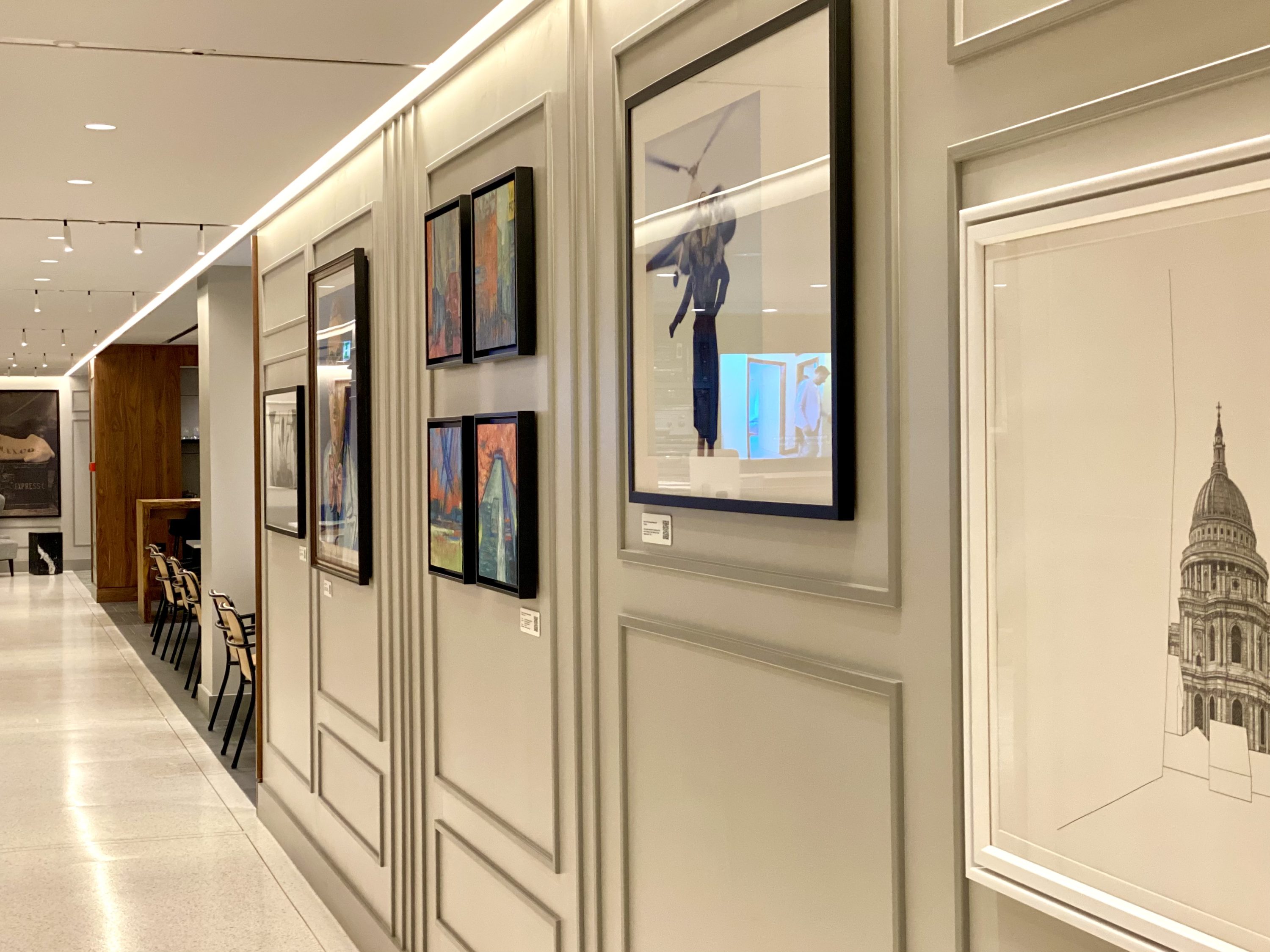 American Express Centurion Lounge Heathrow Terminal 3 hallway of art