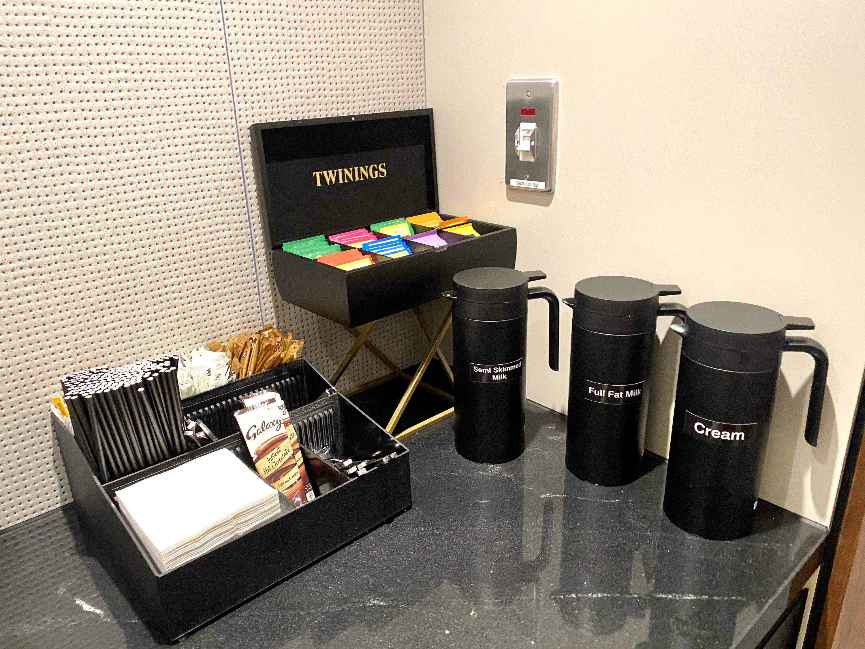 American Express Centurion Lounge Heathrow Terminal 3 tea and milk selection