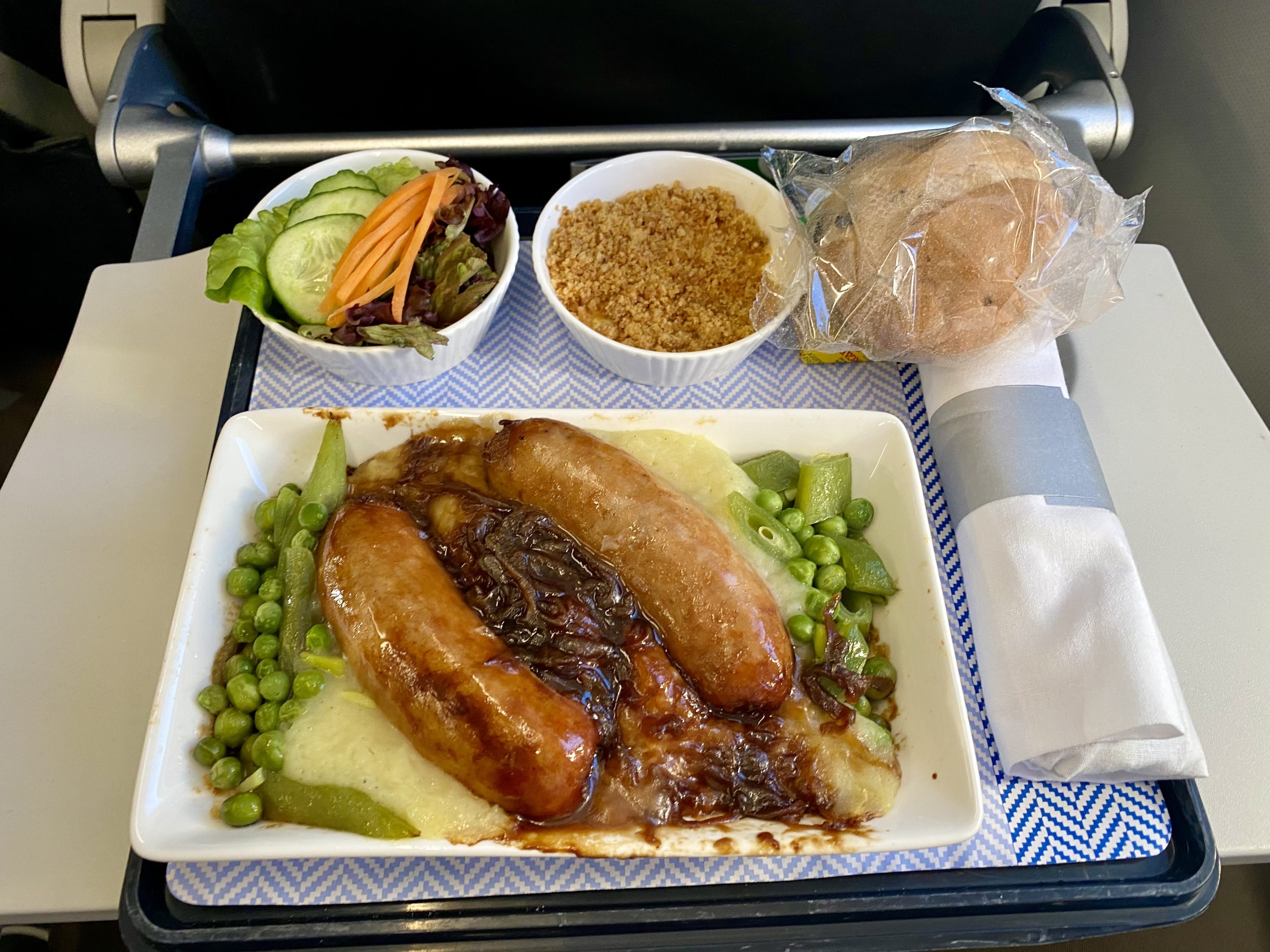 British Airways Club Europe A321neo bangers and mash