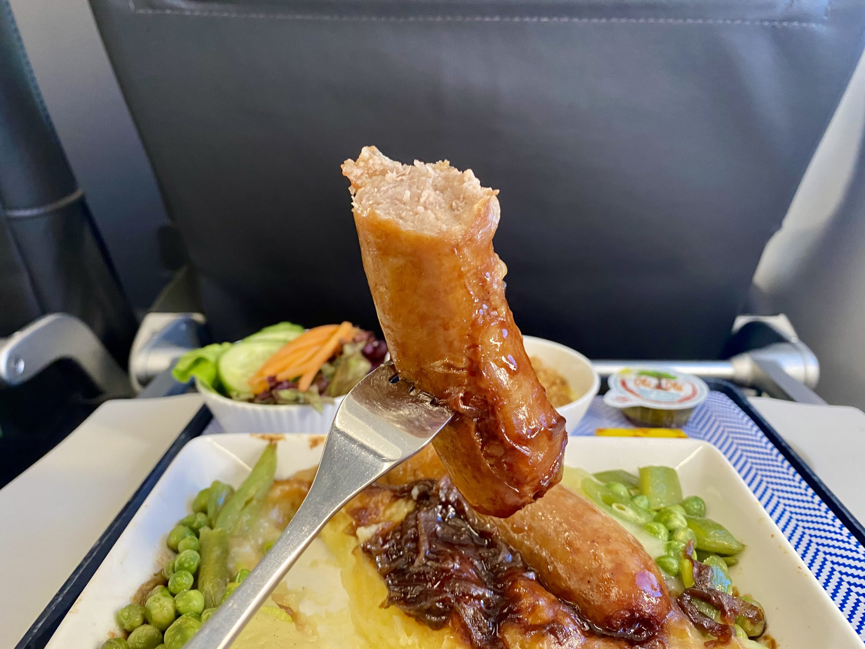 British Airways Club Europe A321neo sausage close up