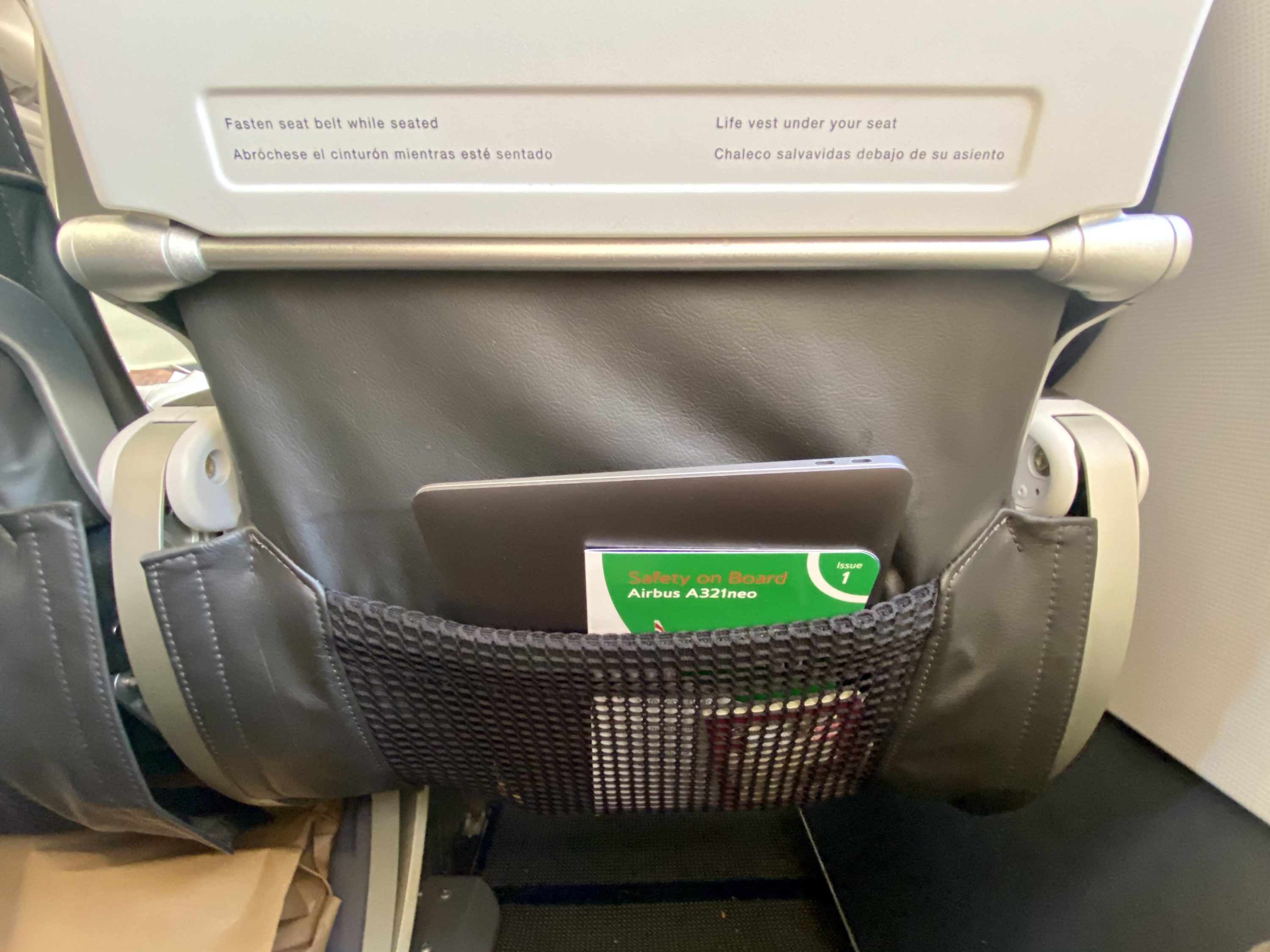 British Airways Club Europe A321neo seat back storage