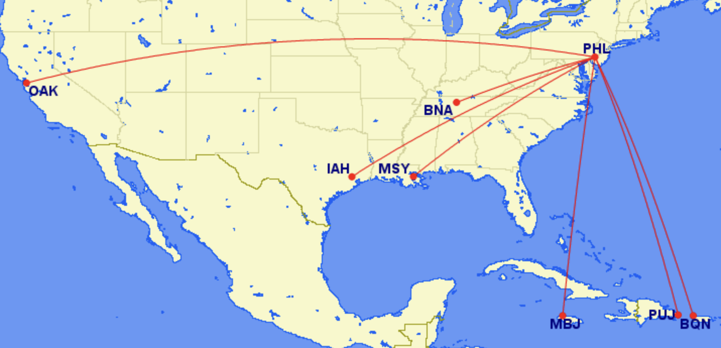 A map of Spirit's new routes from Philadelphia