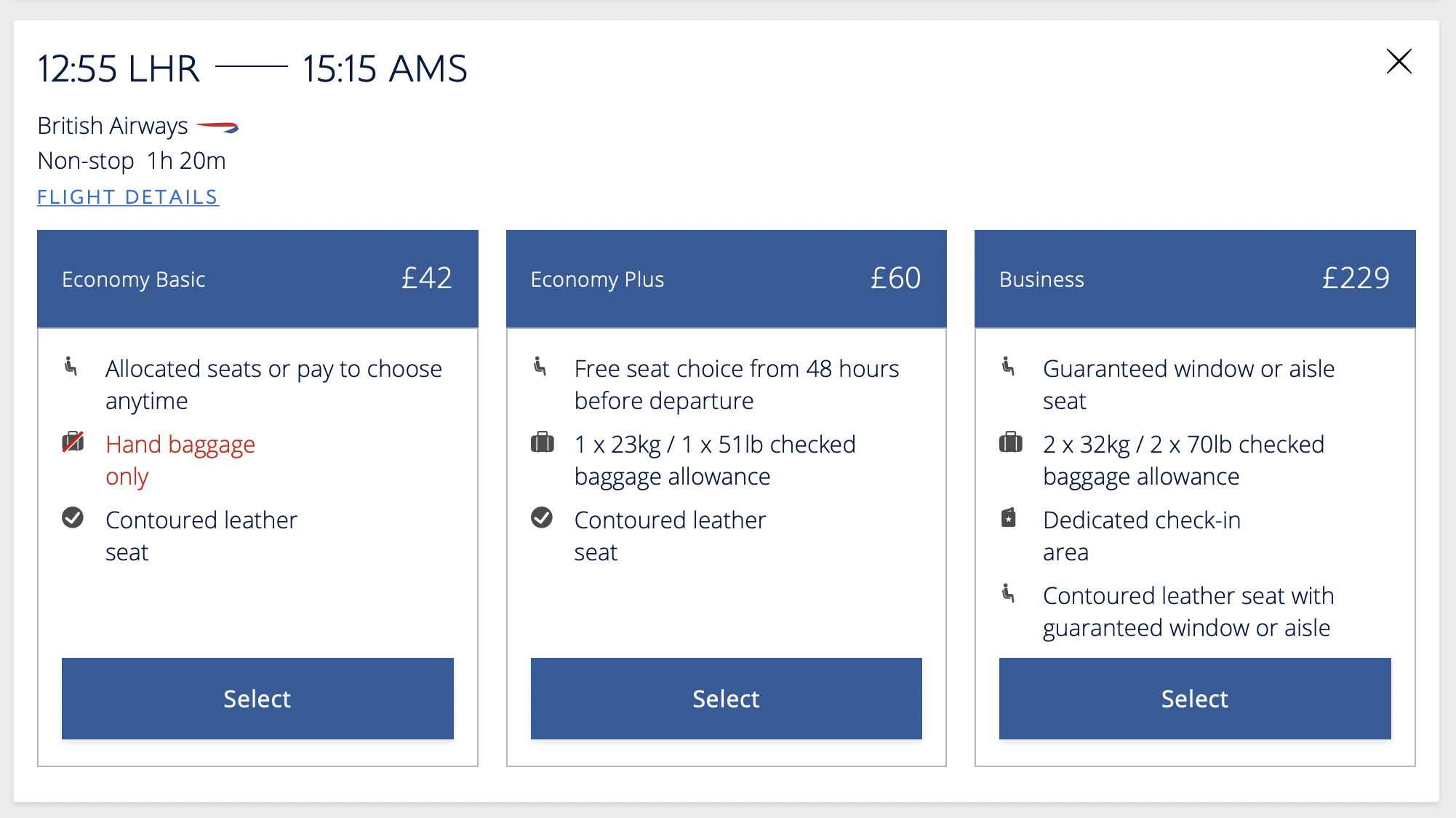 Cost of a BA flight from Heathrow to Amsterdam Cost of a BA flight from Heathrow to Amsterdam