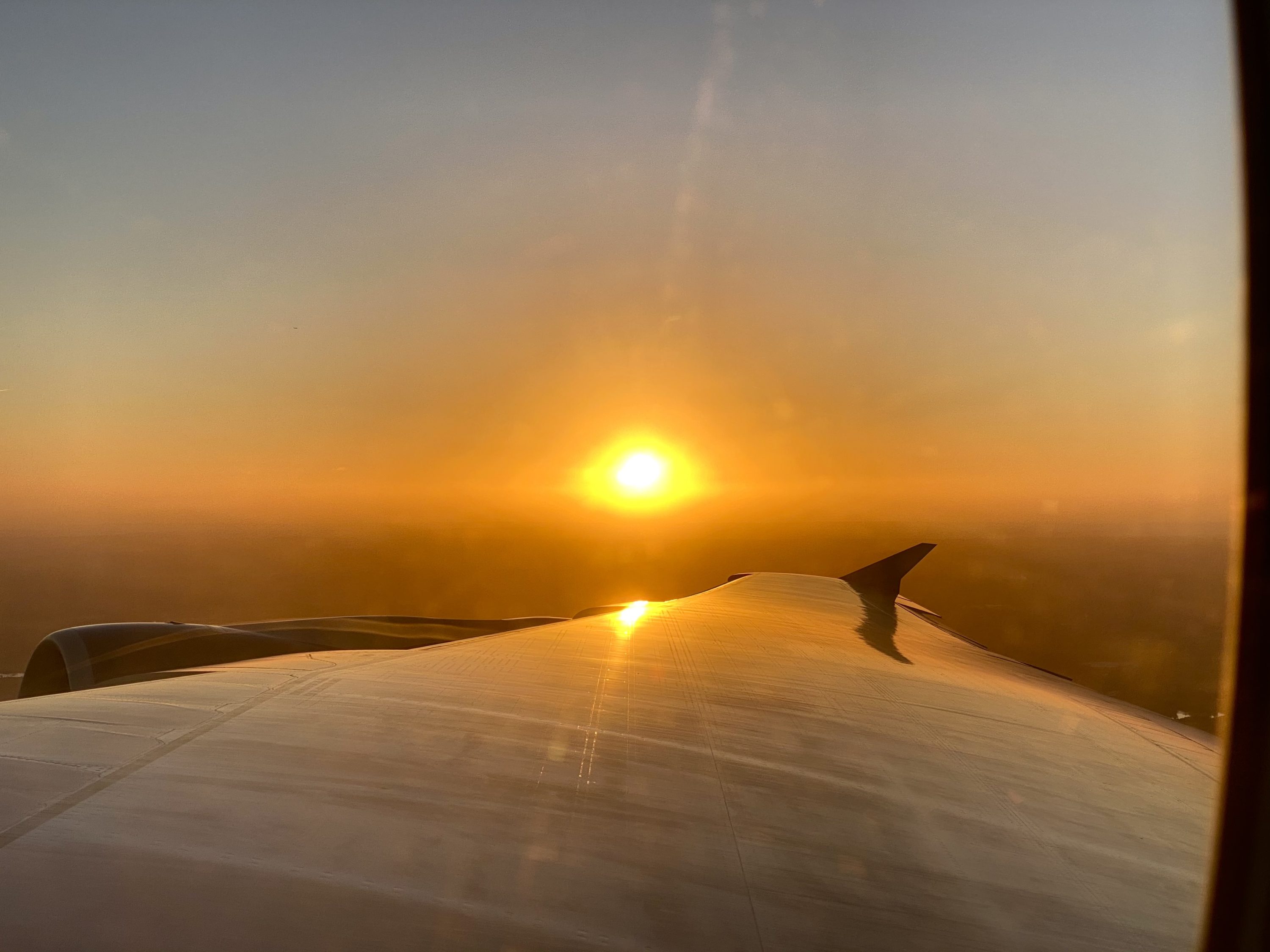 British Airways Club Europe A380 sunset over wing