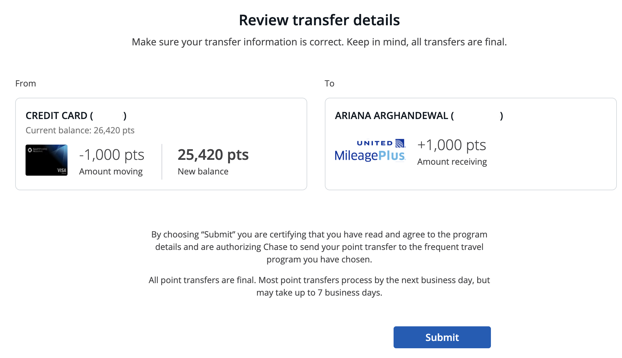 Chase Ultimate Rewards transfer confirmation page