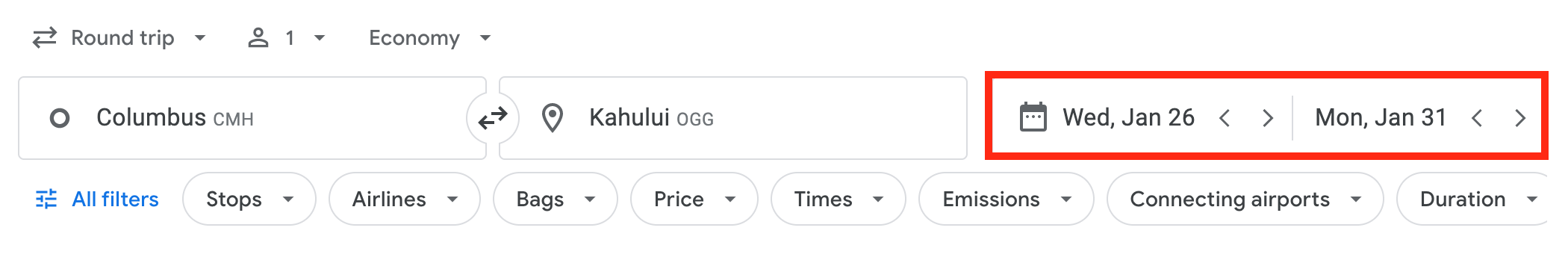 Google Flights search