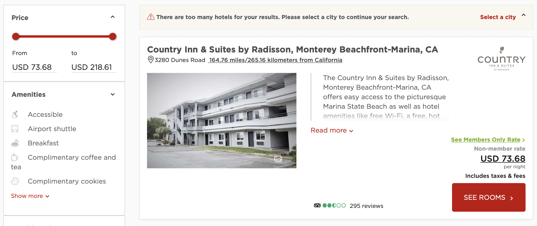 Price per night at the Country Inn & Suites by Radisson in Monterey, California