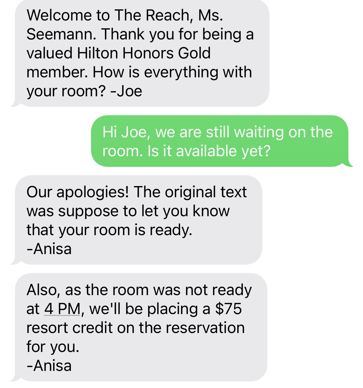 Hilton Text offering 75 resort credit