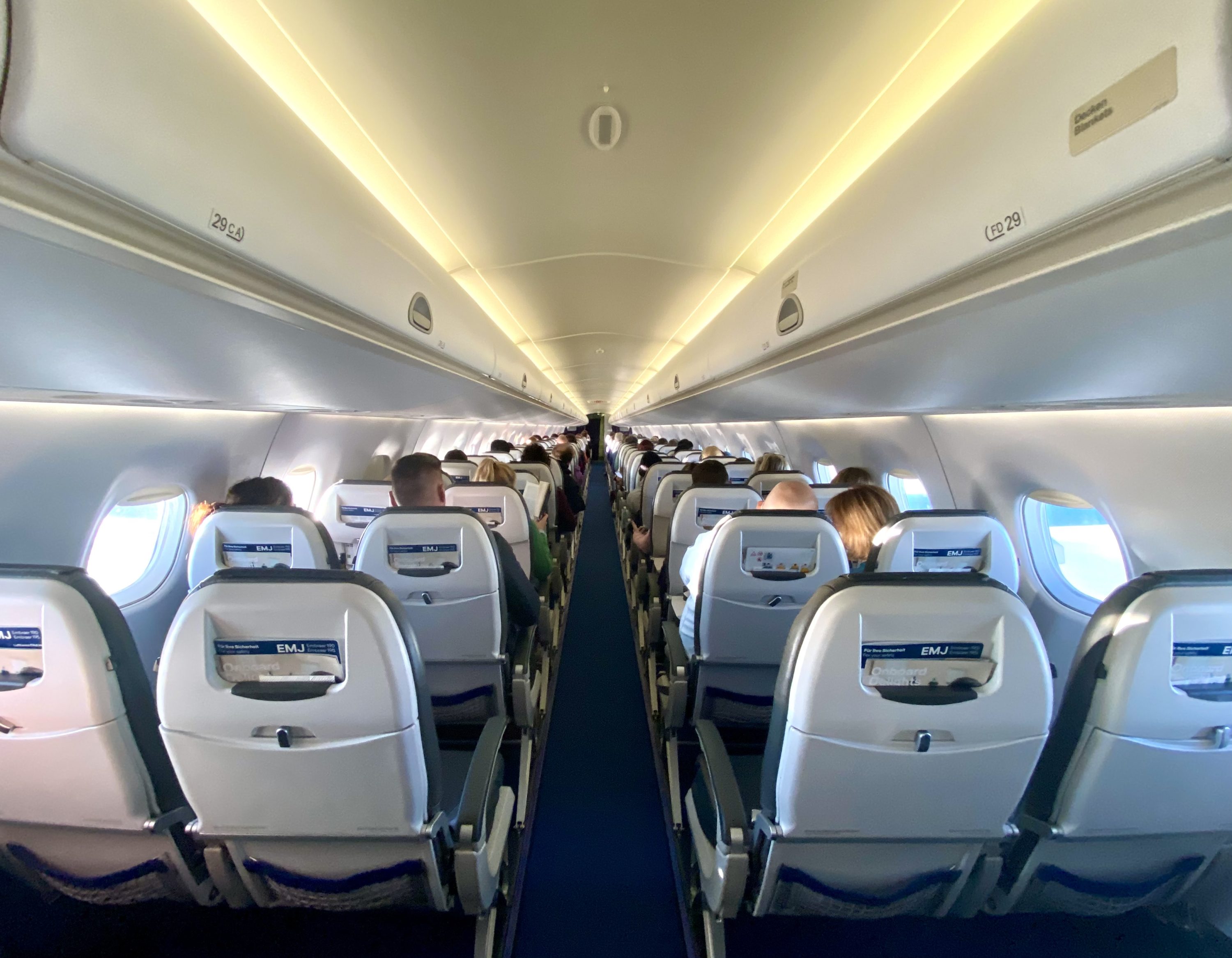 Lufthansa European business class Embraer E190 back of economy cabin