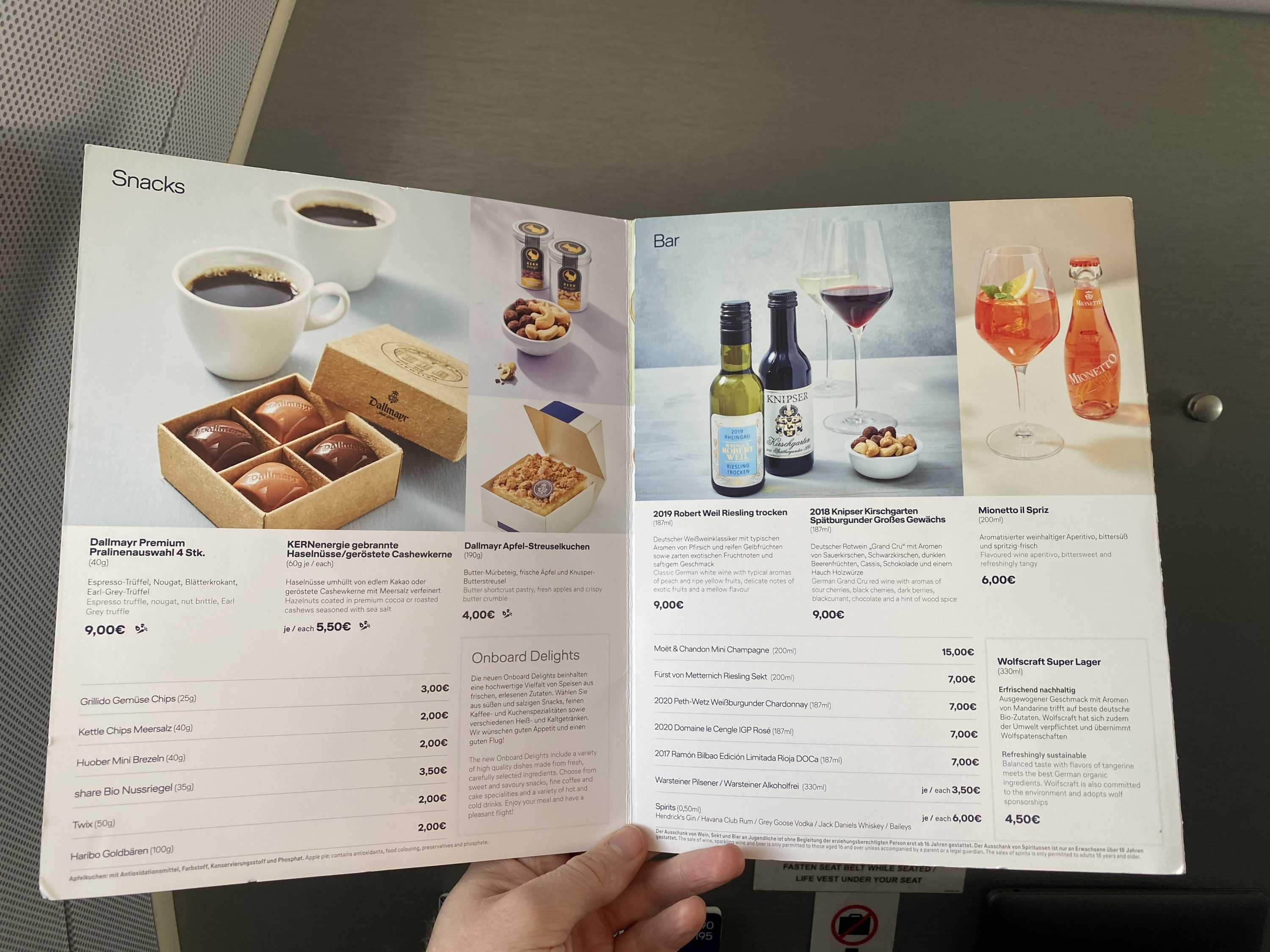 Lufthansa European business class Embraer E190 buy on board menu