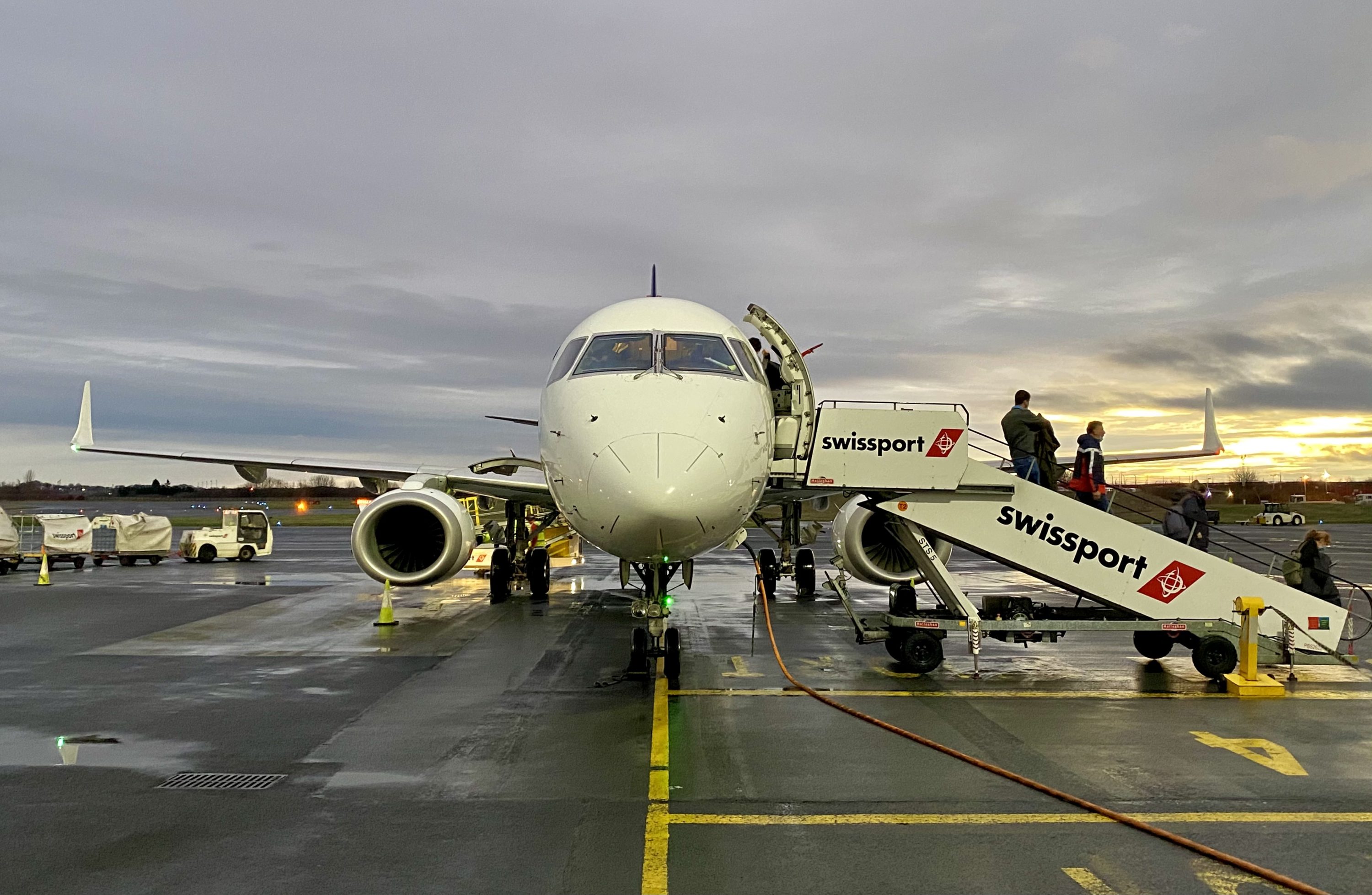 Lufthansa European business class Embraer E190 on stand at Newcastle Airport