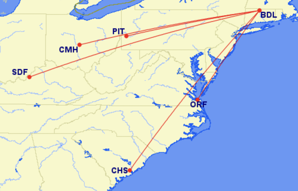 Breeze's route map from Bradley International Airport
