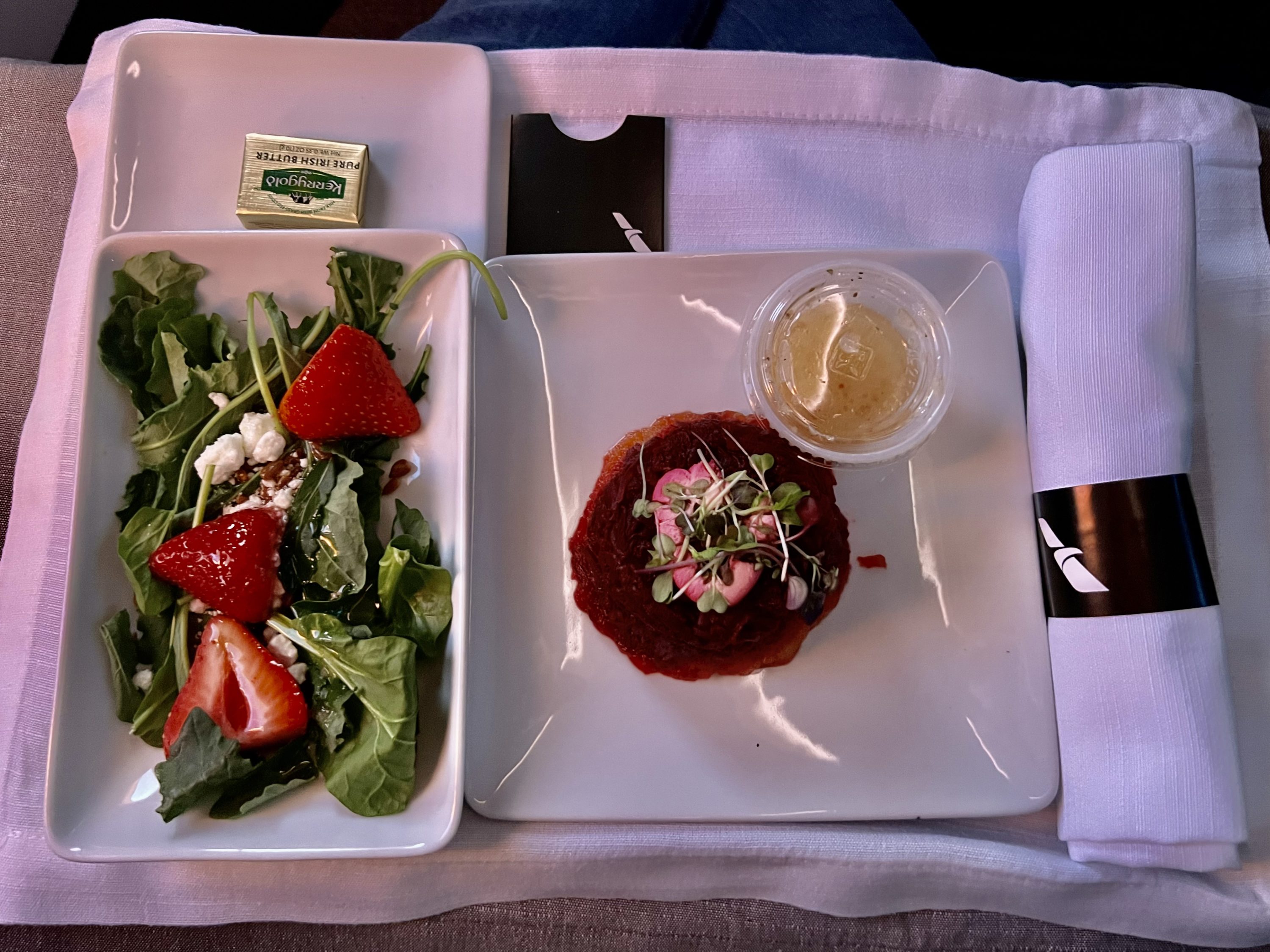 American Airlines A321T Flagship Business FB starter and salad