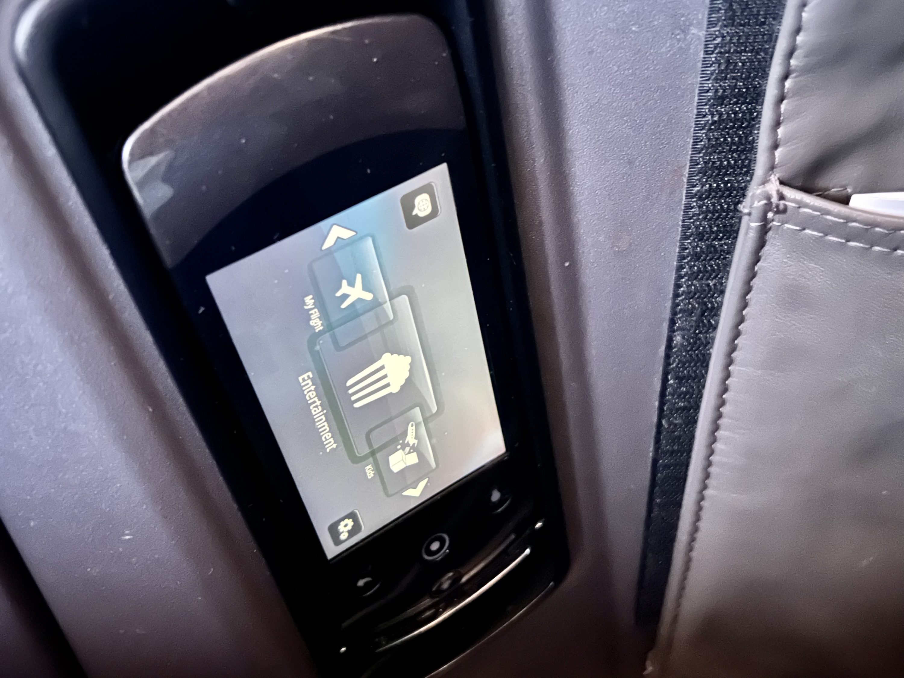 American Airlines A321T Flagship Business seat IFE control storage