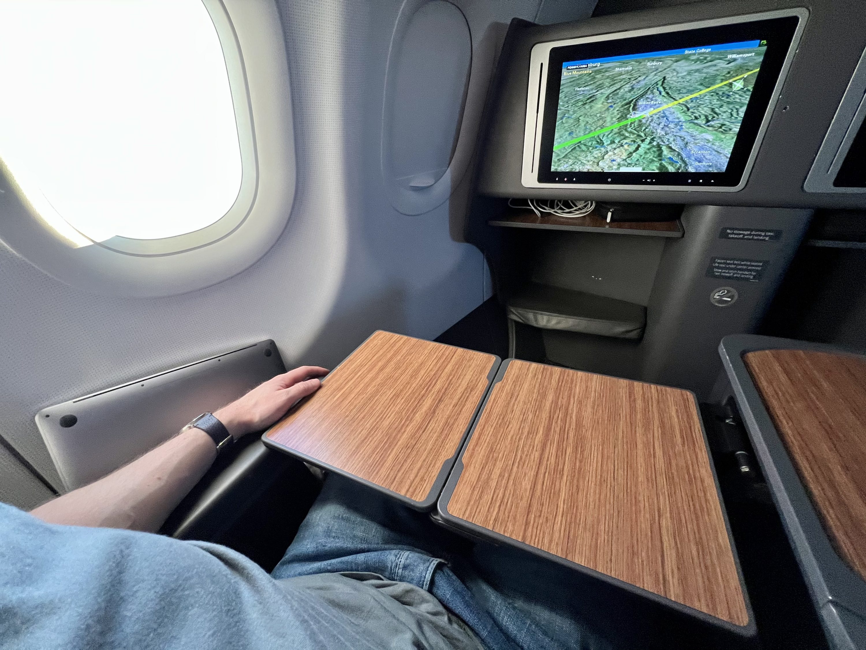American Airlines A321T Flagship Business tray table fully extended